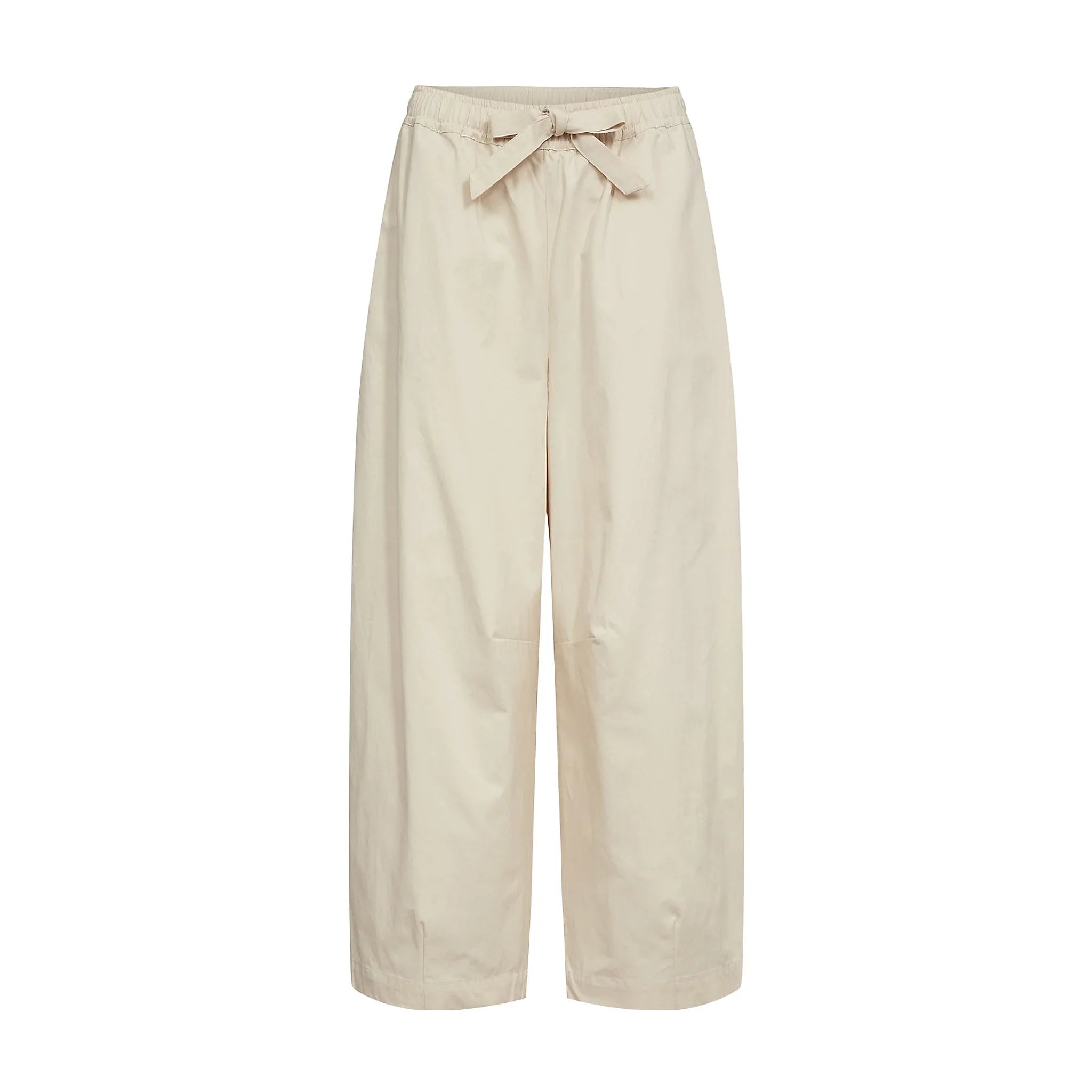 Beige wide leg bukser fra Nümph forfra med elastisk linning og bindebånd