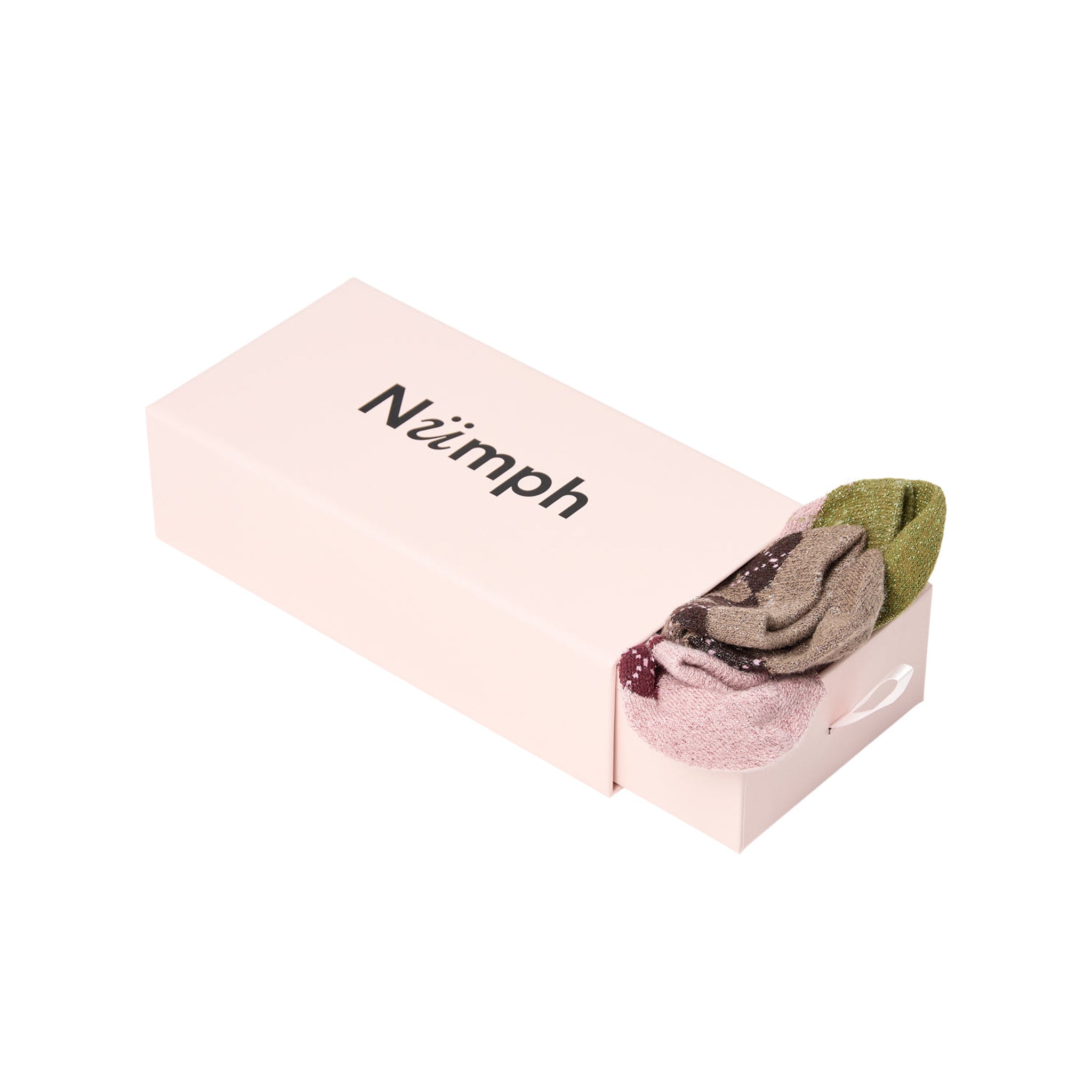 Nutaya strømper fra Nümph i grøn, brun og rosa med argyle-mønster i en lyserød æske med Nümph-logo