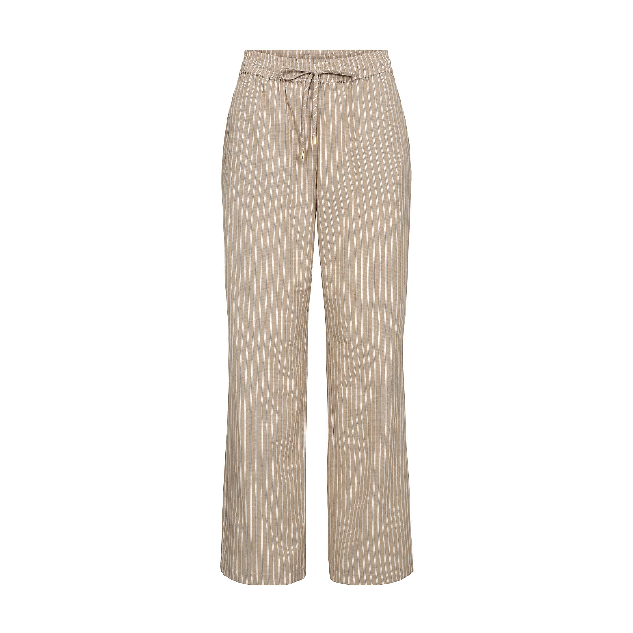 Beige stribede wide leg bukser fra Nümph med elastik og bindebånd i taljen, set forfra