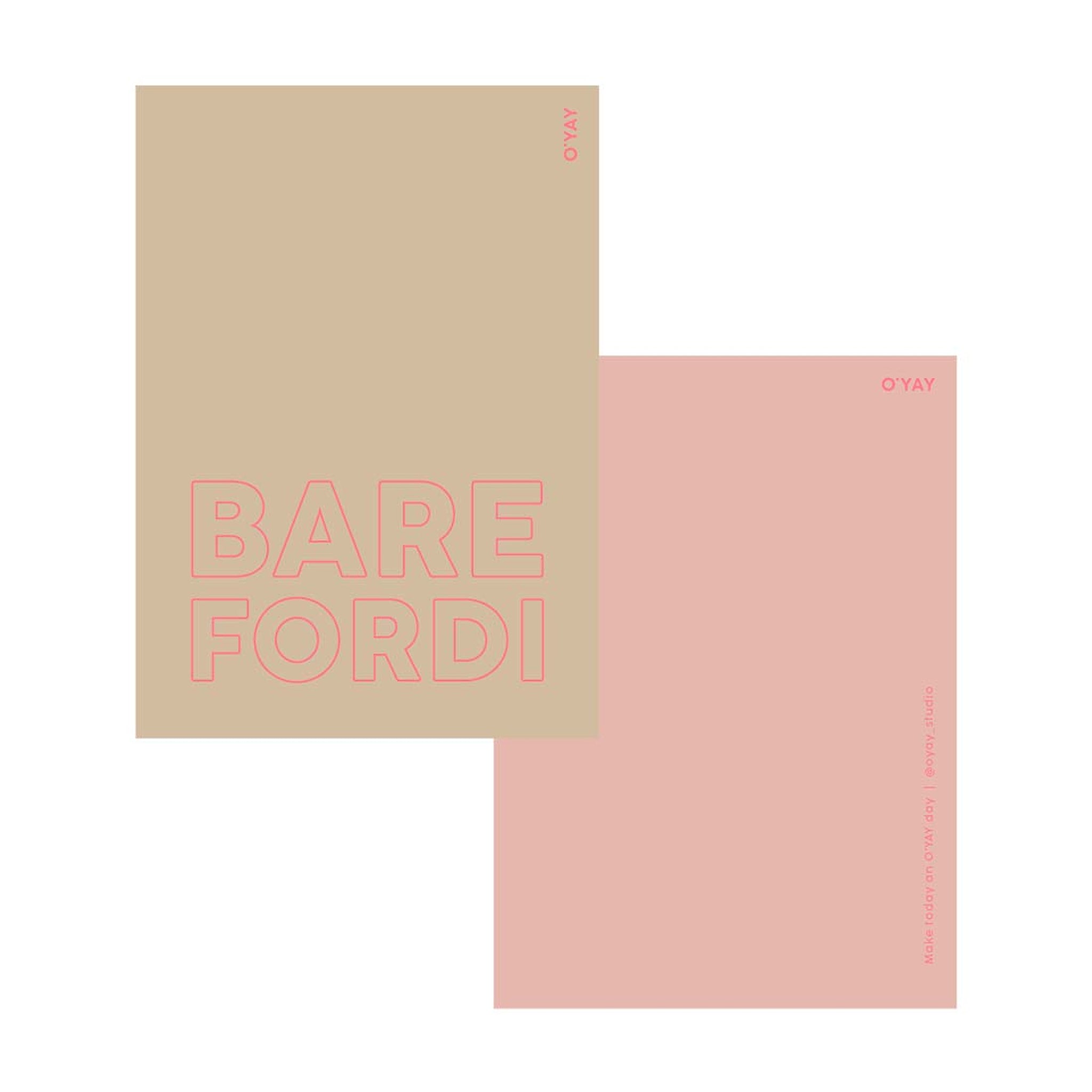 A6-kort fra O'Yay forfra med BARE FORDI i pink konturskrift og lyserød bagside med logo