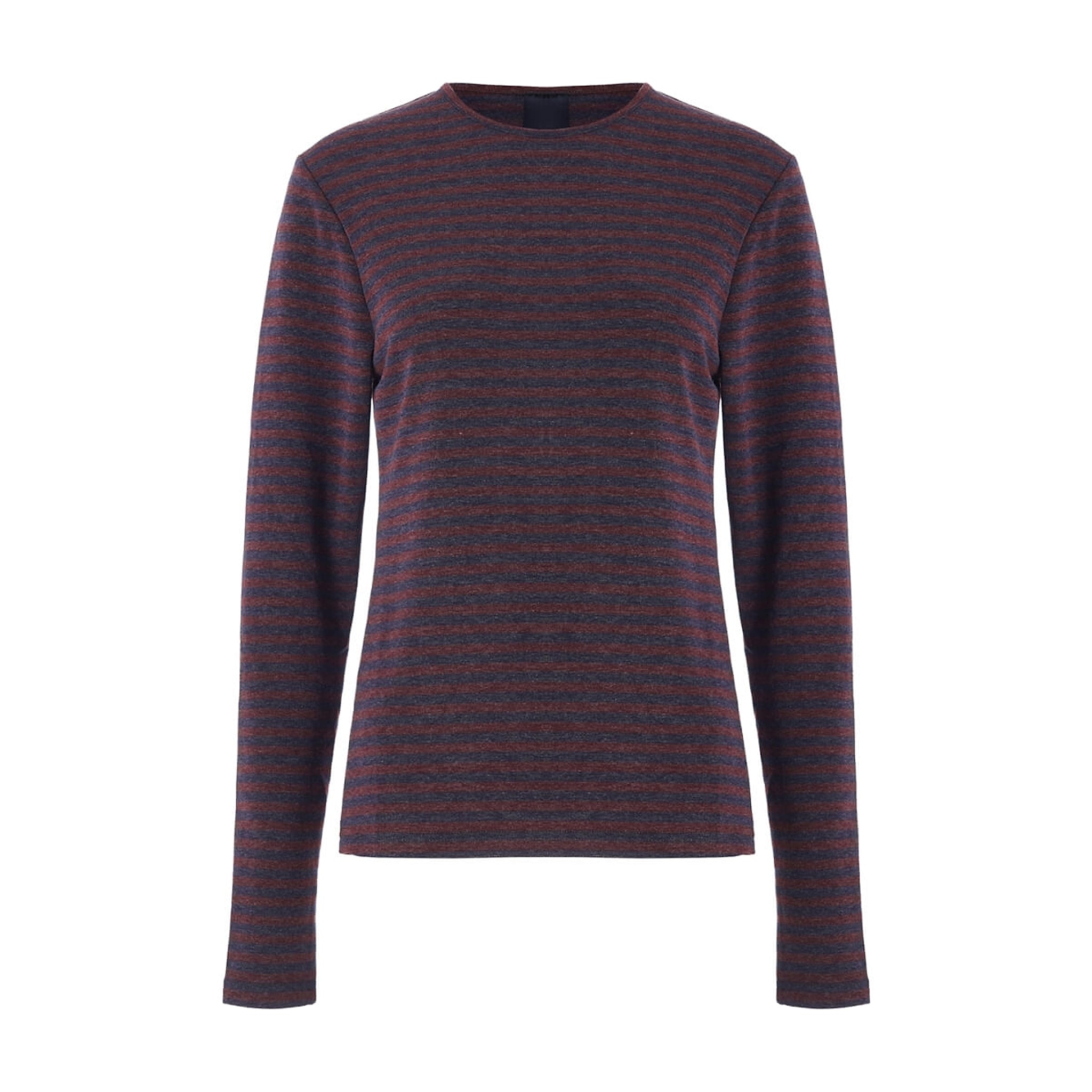 Langærmet t-shirt med brune og mørkeblå striber og rund hals fra OneTwo Luxzuz set forfra