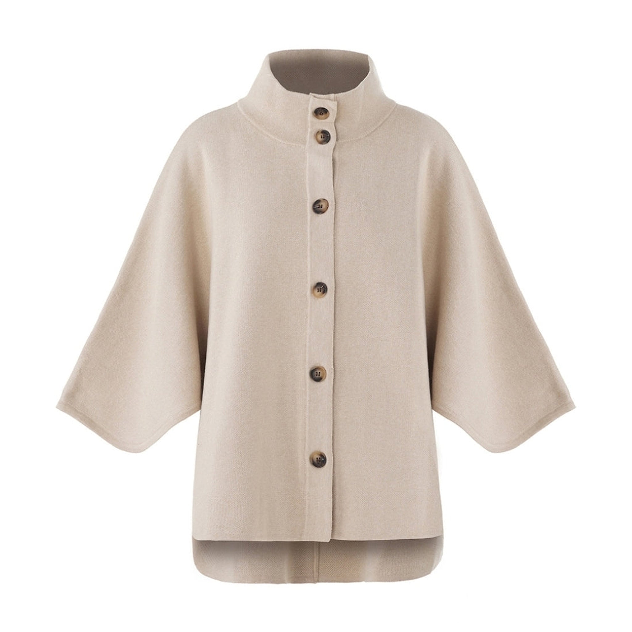 Beige strik Birdie Knit fra OneTwo Luxzuz forfra med høj hals, vide ærmer og knapper foran