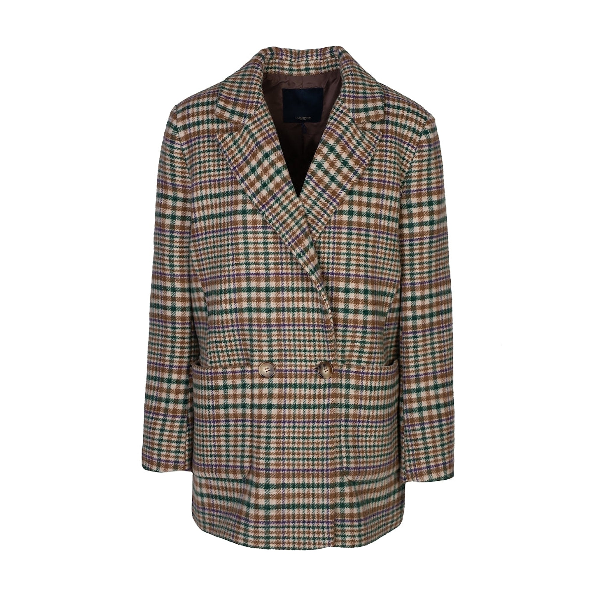 Boel Jacket fra OneTwo Luxzuz forfra, ternet jakke i grøn, brun og beige med dobbeltradede knapper og lommer