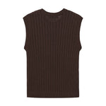 Corinn Knit strik fra OneTwo Luxzuz uden ærmer i mørkebrunt hulmønster set bagfra