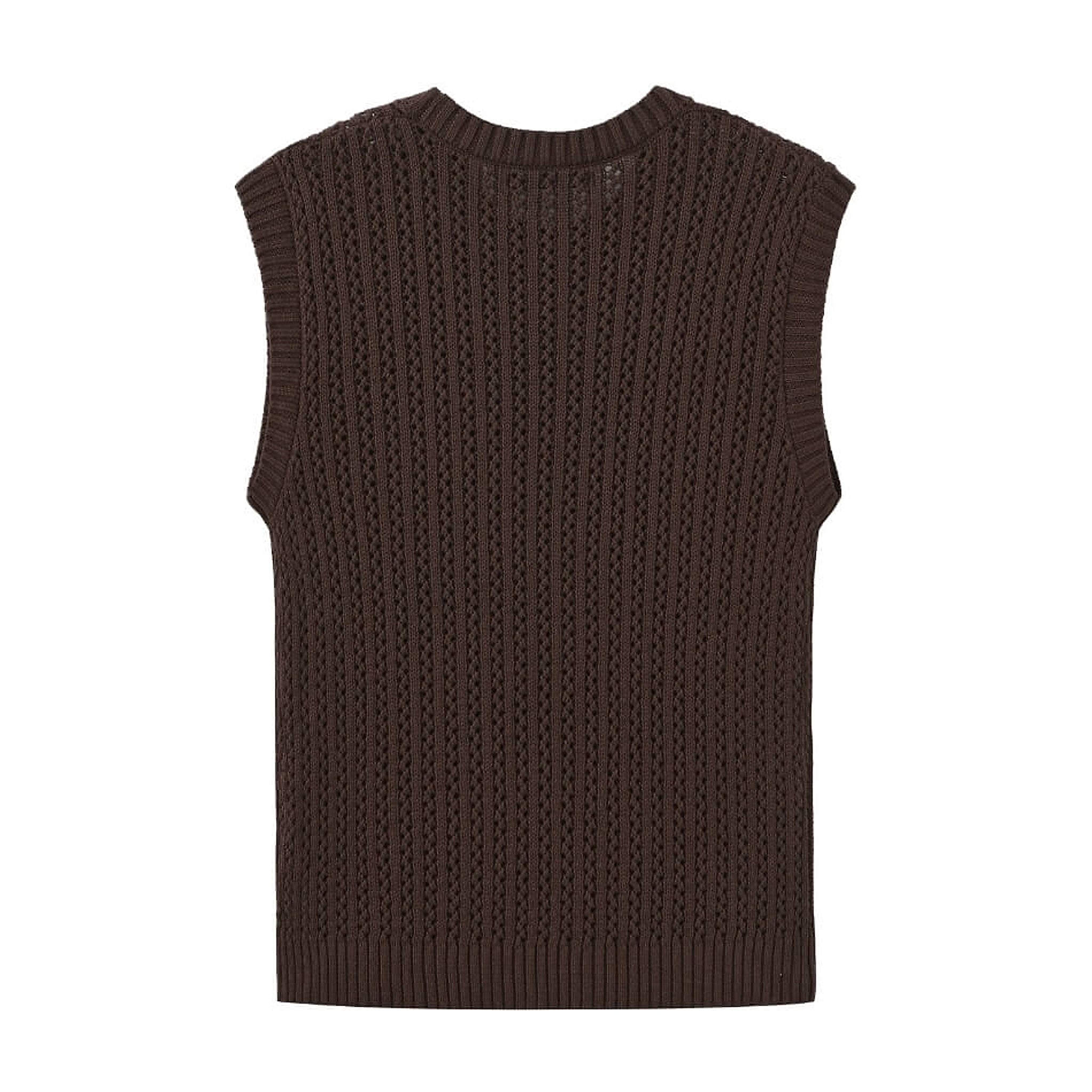 Corinn Knit strik fra OneTwo Luxzuz uden ærmer i mørkebrunt hulmønster set bagfra