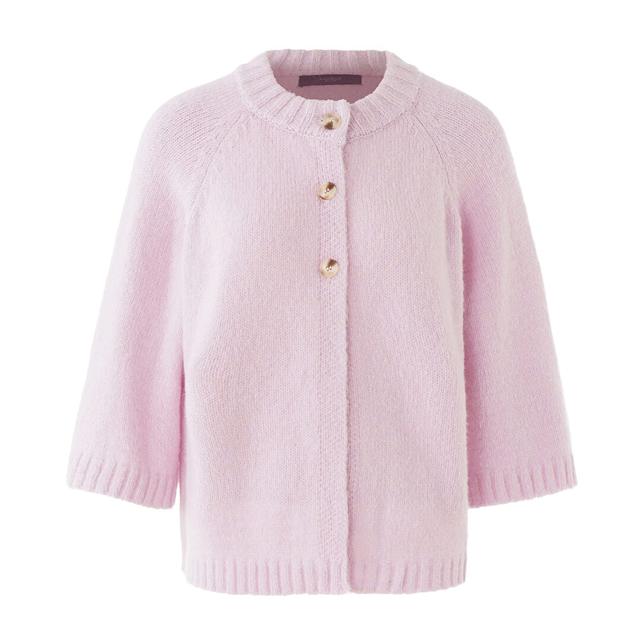Pink strik Jayne Knit fra OneTwo Luxzuz forfra med knapper, rund hals og vide 3/4-ærmer