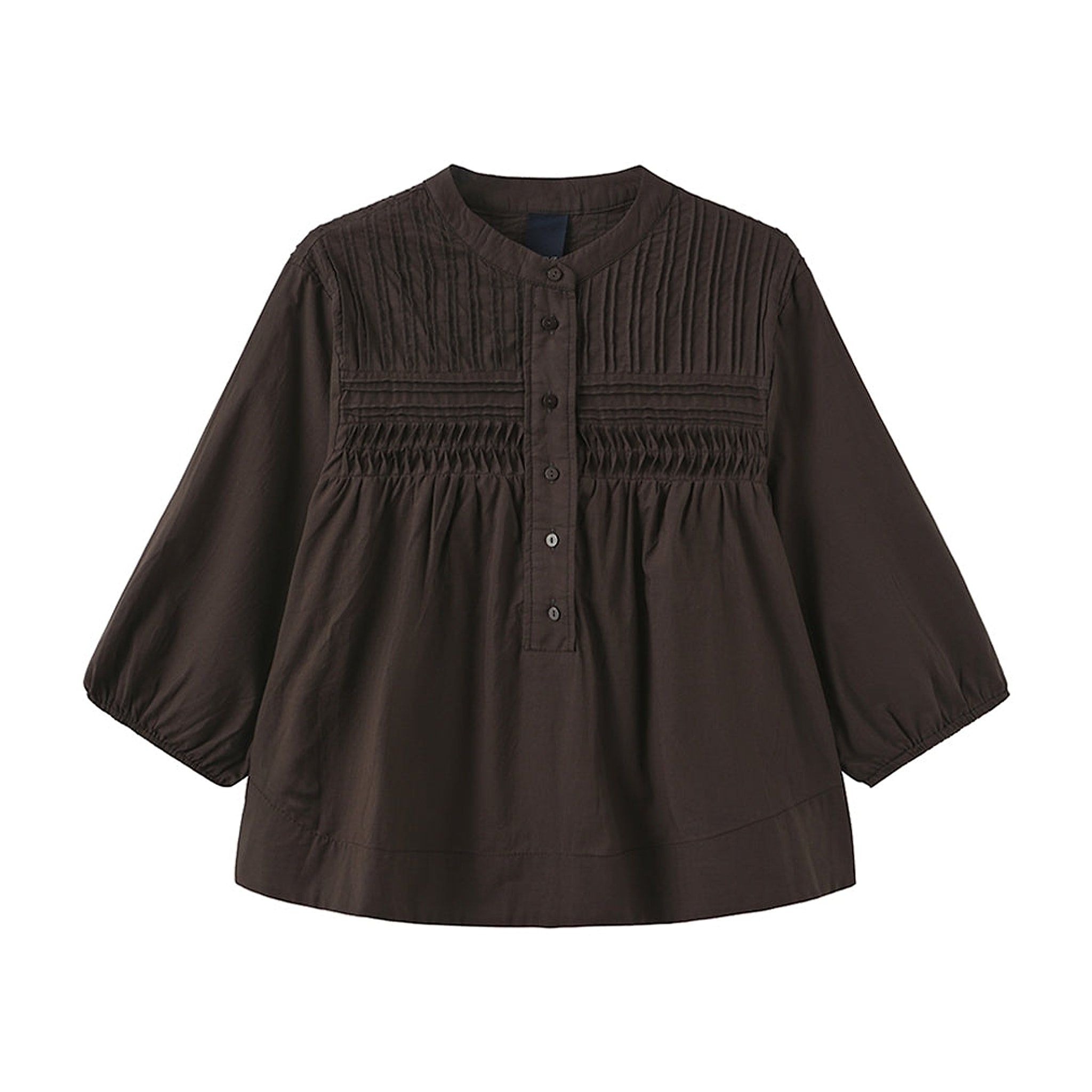 Brun bluse Percha Blouse fra OneTwo Luxzuz forfra med læg, rynker, kort knaplukning og 3/4-ærmer