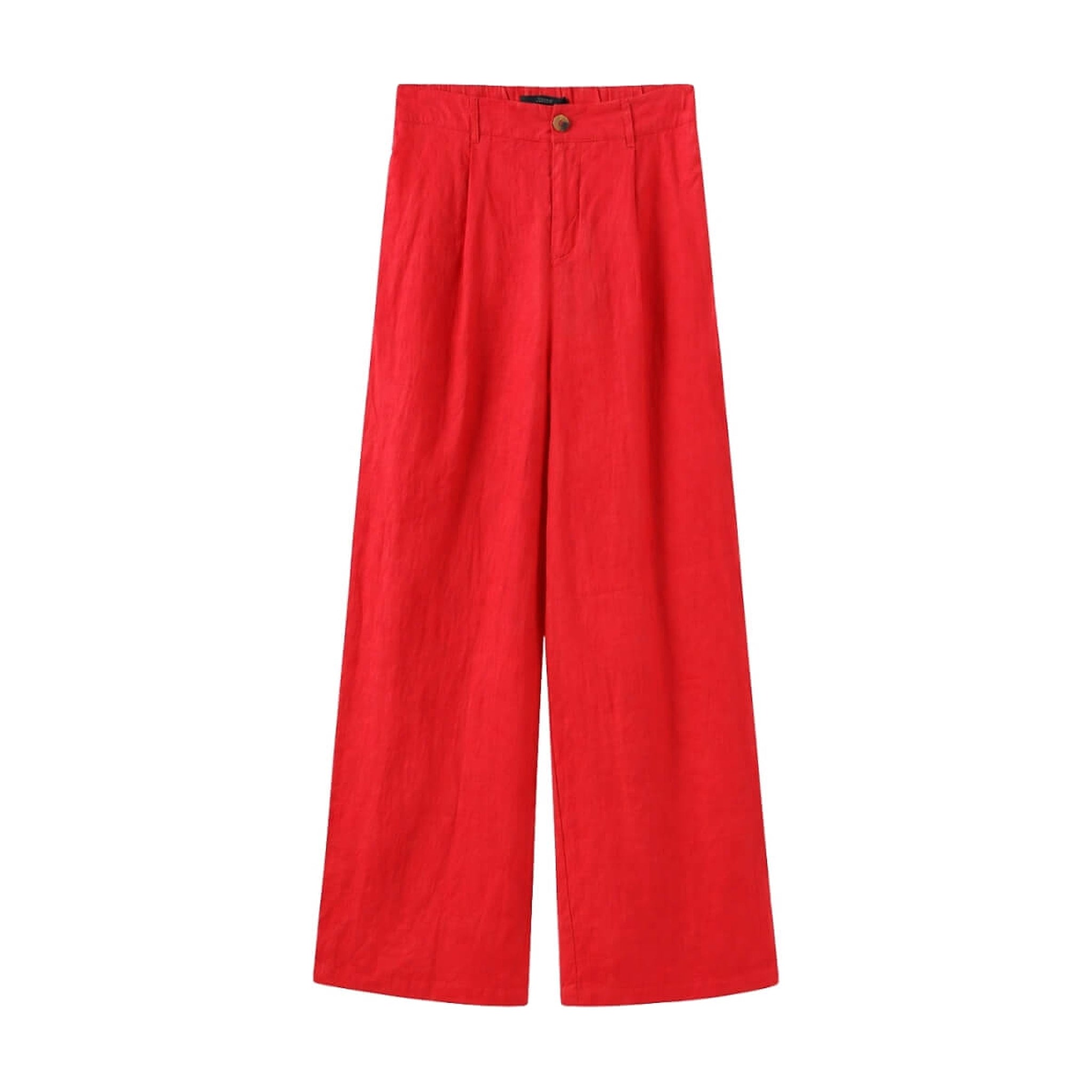 Røde wide leg bukser i hør, Rita Pant i Flame Scarlet, set forfra med knap, gylp og læg foran