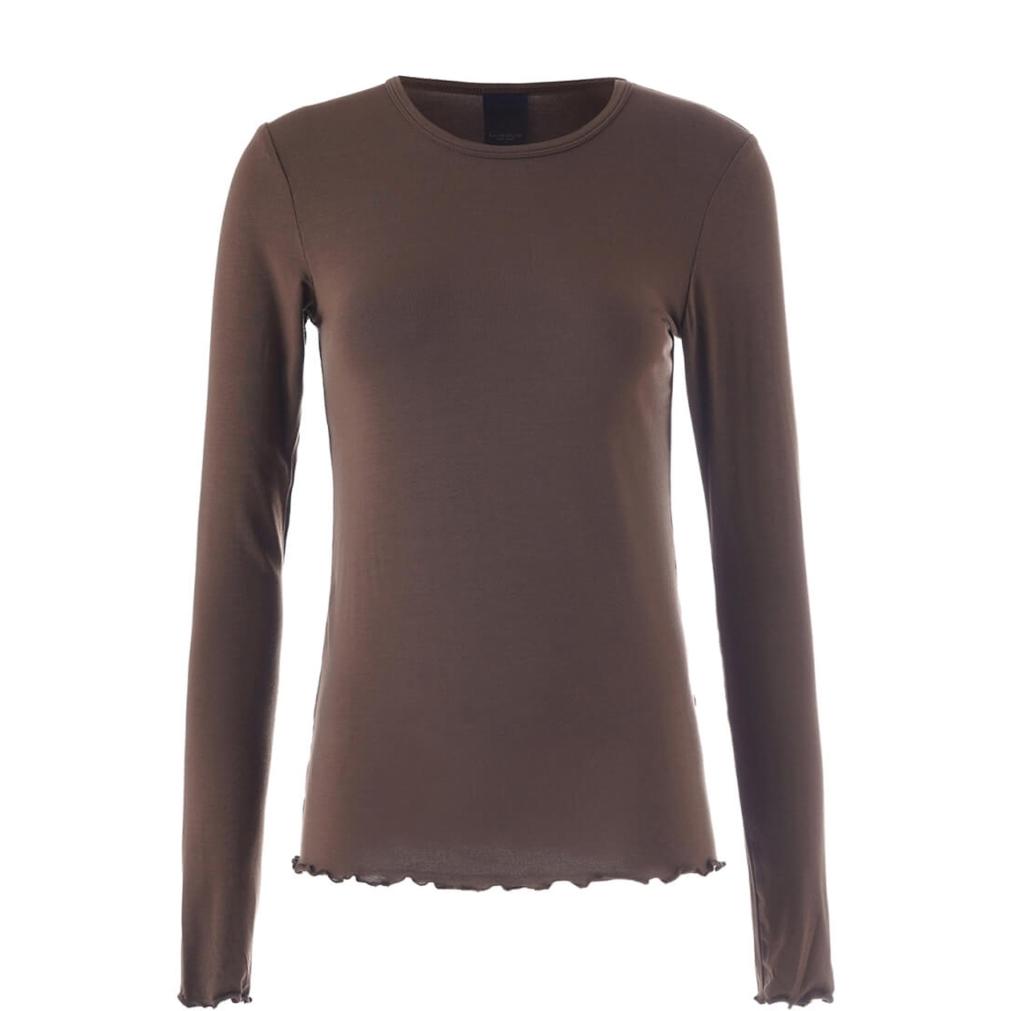 Brun langærmet t-shirt Sigba i Coffee Bean set forfra med rund hals og bølgede kanter ved ærmer og bund