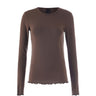 Brun langærmet t-shirt Sigba i Coffee Bean set forfra med rund hals og bølgede kanter ved ærmer og bund