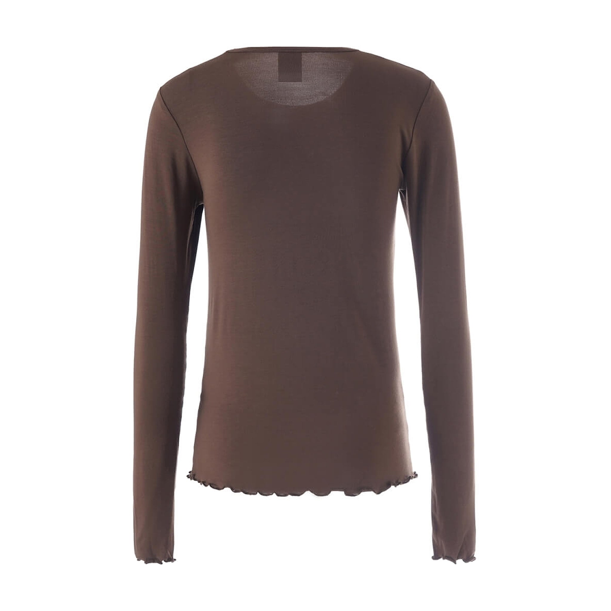 Brun langærmet t-shirt Sigba i Coffee Bean set bagfra med bølget kant forneden