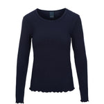 Navy langærmet t-shirt fra OneTwo Luxzuz med rund hals og bølgede kanter, set forfra