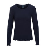 Navy langærmet t-shirt fra OneTwo Luxzuz med rund hals og bølgede kanter, set forfra