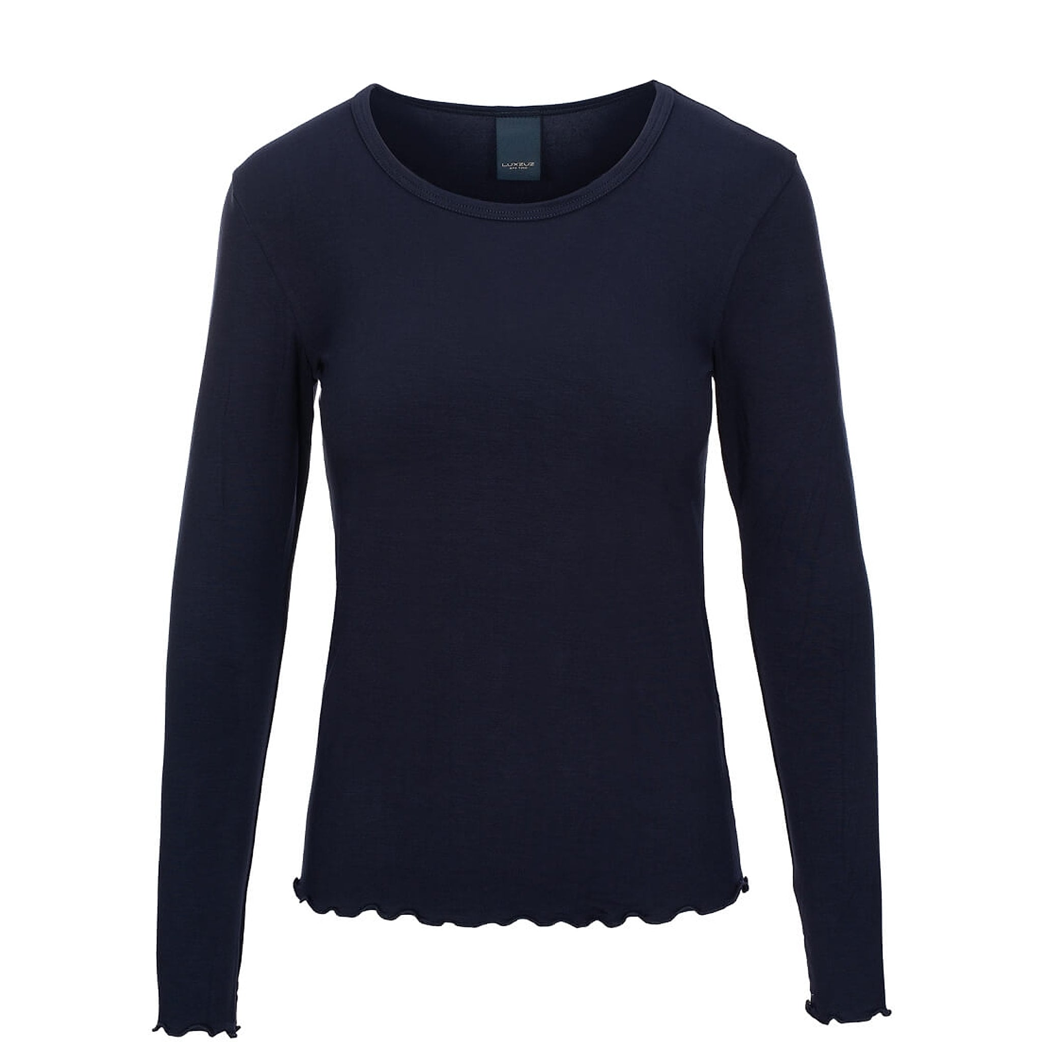 Navy langærmet t-shirt fra OneTwo Luxzuz med rund hals og bølgede kanter, set forfra