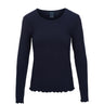 Navy langærmet t-shirt fra OneTwo Luxzuz med rund hals og bølgede kanter, set forfra