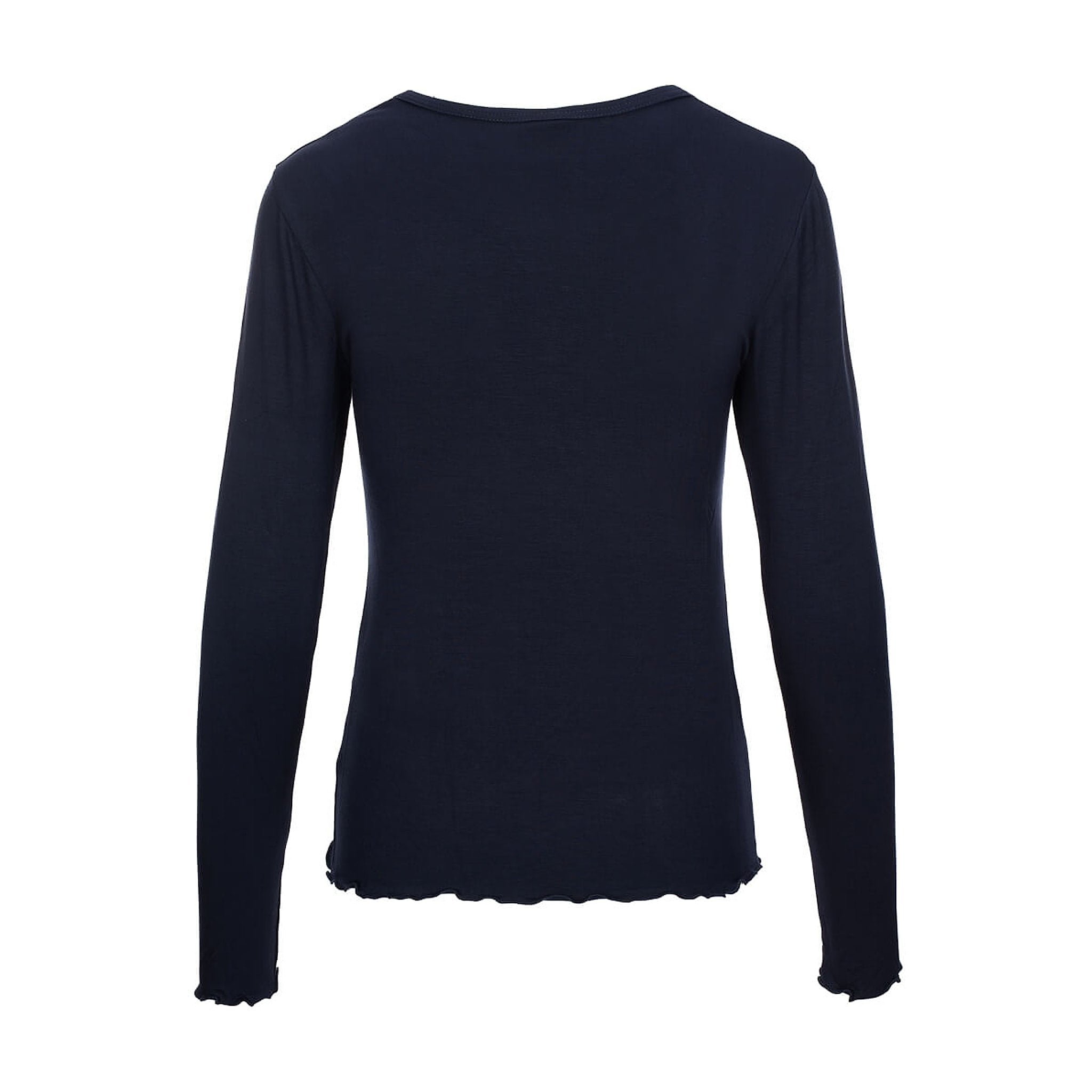 Navy langærmet t-shirt fra OneTwo Luxzuz set bagfra med bølget kant forneden og ved ærmerne