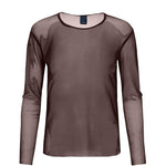 Gennemsigtig brun mesh bluse med lange ærmer og rund hals i farven Choko Lux set forfra