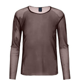 Gennemsigtig brun mesh bluse med lange ærmer og rund hals i farven Choko Lux set forfra
