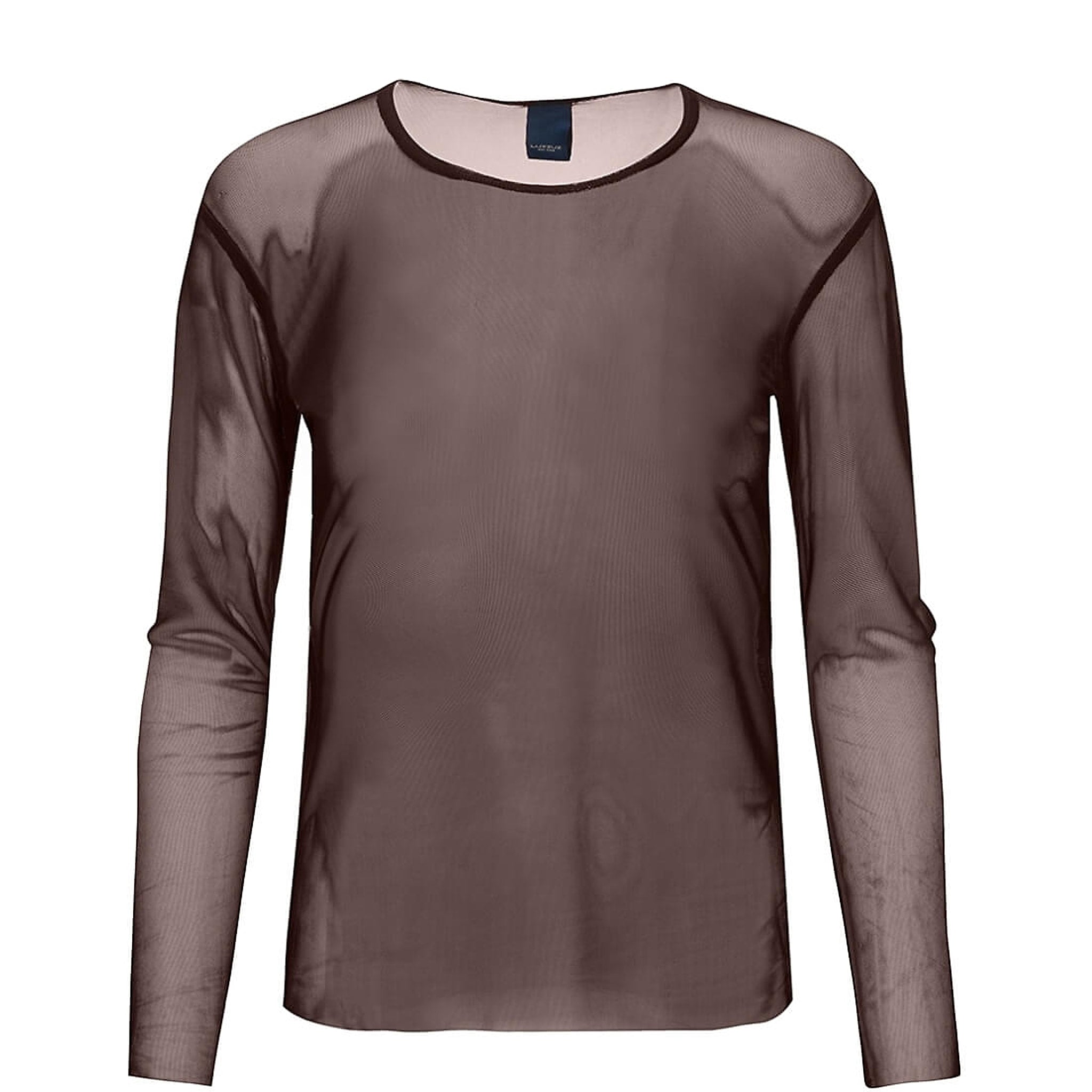 Gennemsigtig brun mesh bluse med lange ærmer og rund hals i farven Choko Lux set forfra