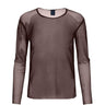 Gennemsigtig brun mesh bluse med lange ærmer og rund hals i farven Choko Lux set forfra