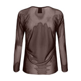 Gennemsigtig brun mesh bluse med lange ærmer i farven Choko Lux set bagfra
