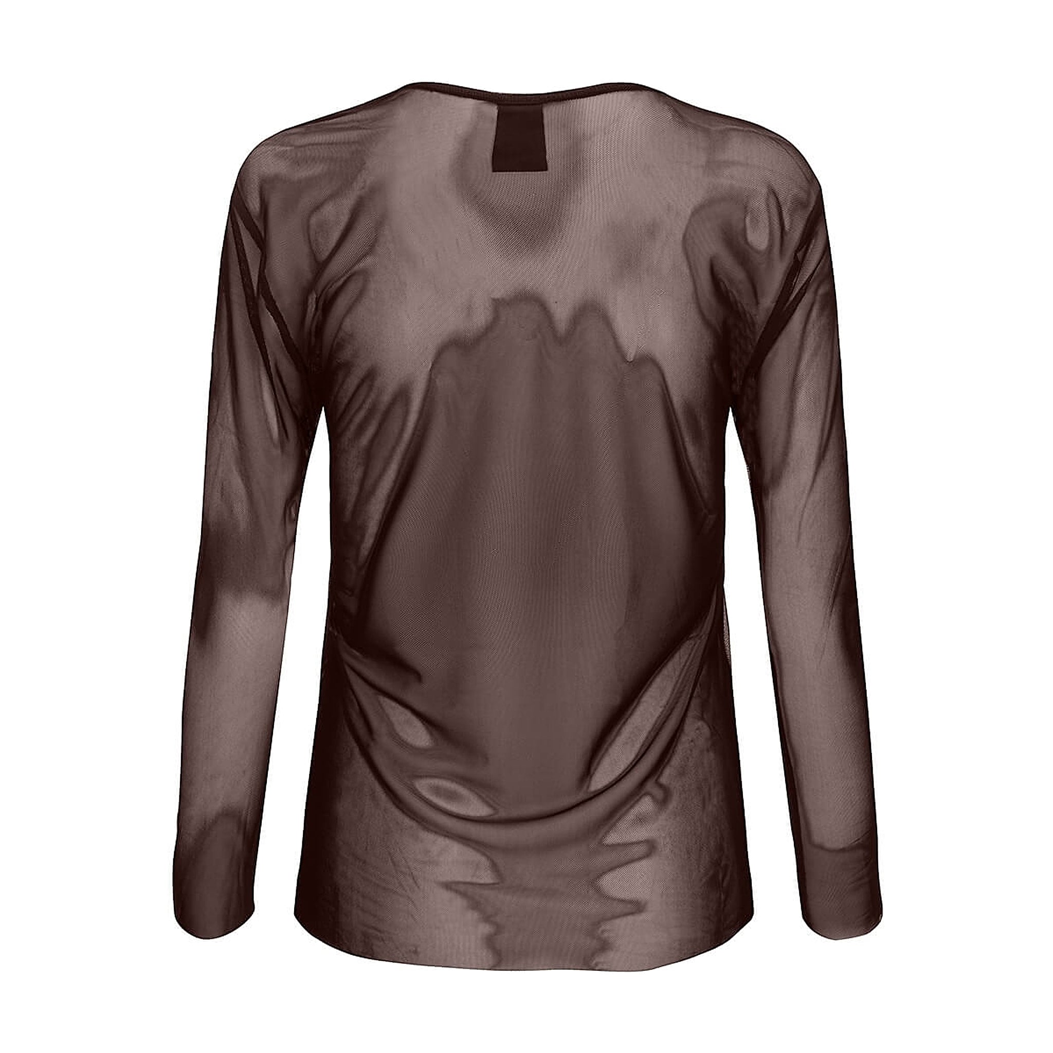 Gennemsigtig brun mesh bluse med lange ærmer i farven Choko Lux set bagfra