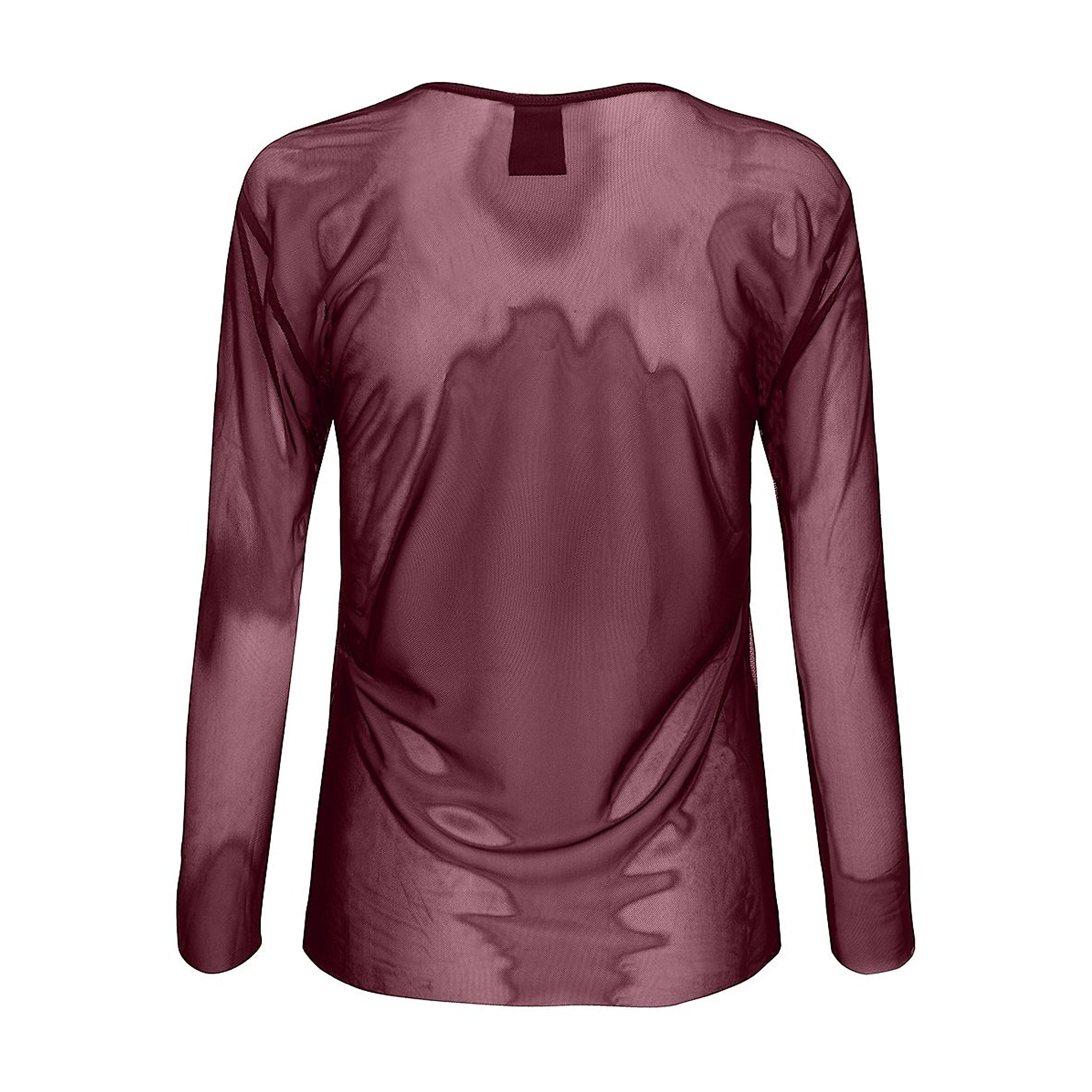 Rød bluse i gennemsigtig burgundy mesh med lange ærmer set bagfra