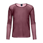 Rød bluse i burgundy mesh med lange ærmer og rund hals set forfra