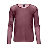 Rød bluse i burgundy mesh med lange ærmer og rund hals set forfra
