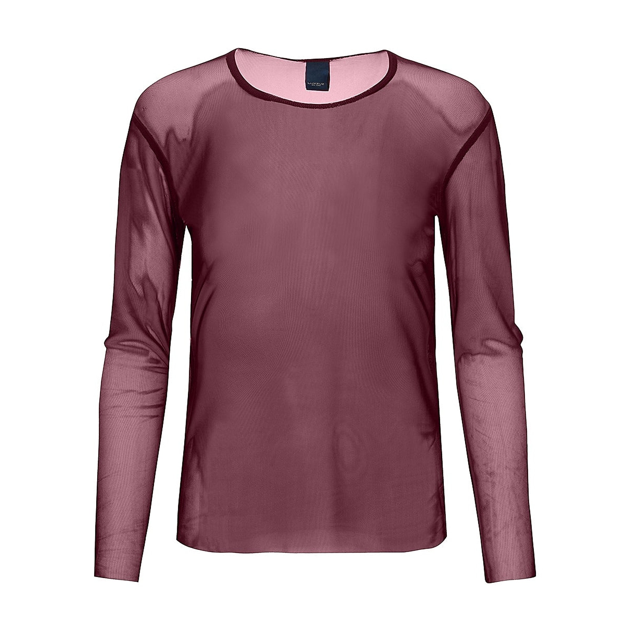 Rød bluse i burgundy mesh med lange ærmer og rund hals set forfra