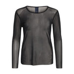 Sort gennemsigtig mesh bluse med lange ærmer og rund hals set forfra