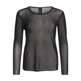 Sort gennemsigtig mesh bluse med lange ærmer og rund hals set forfra