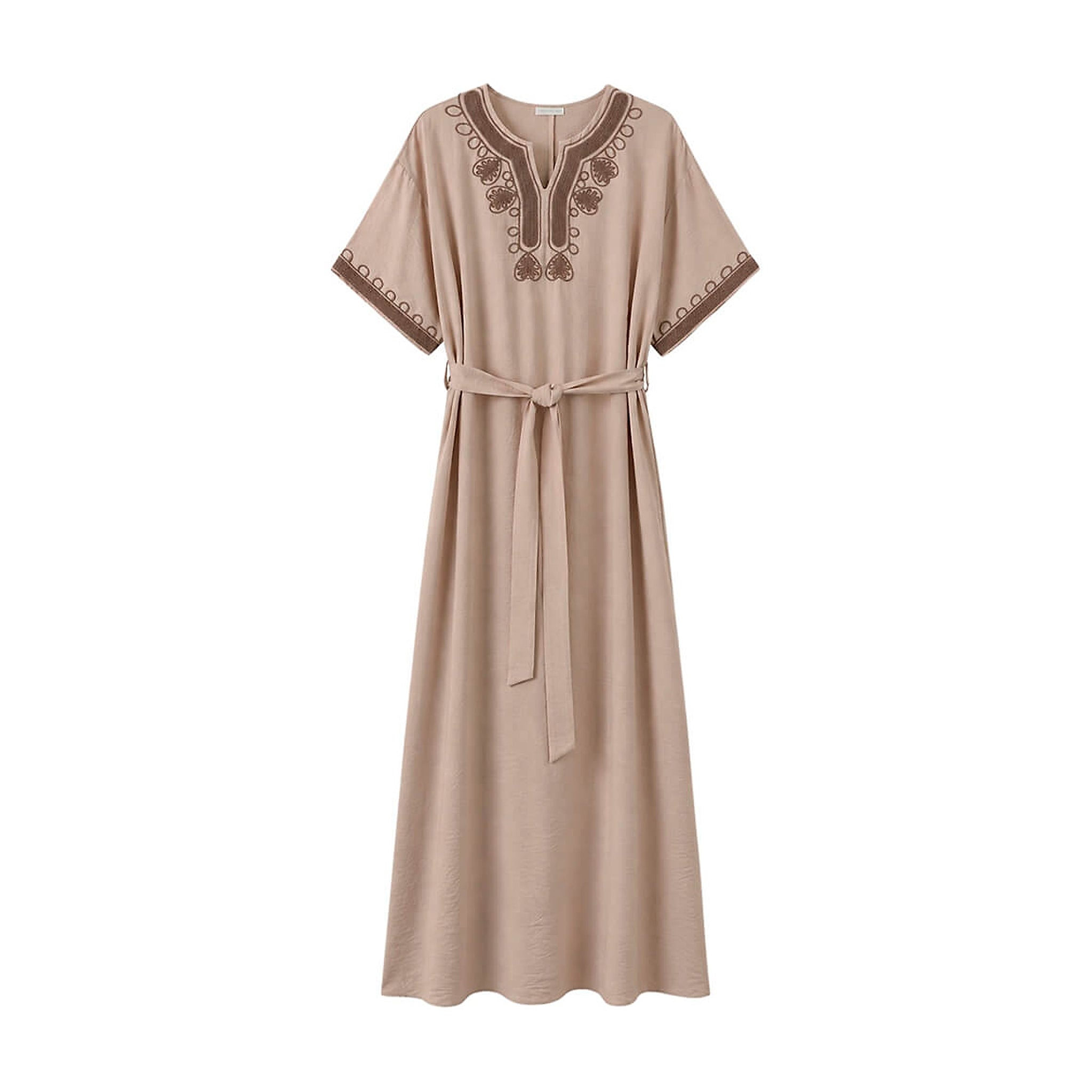 Beige Vava Dress kjole i Taupe med brune broderier ved halsen og på ærmerne og bindebælte, set forfra