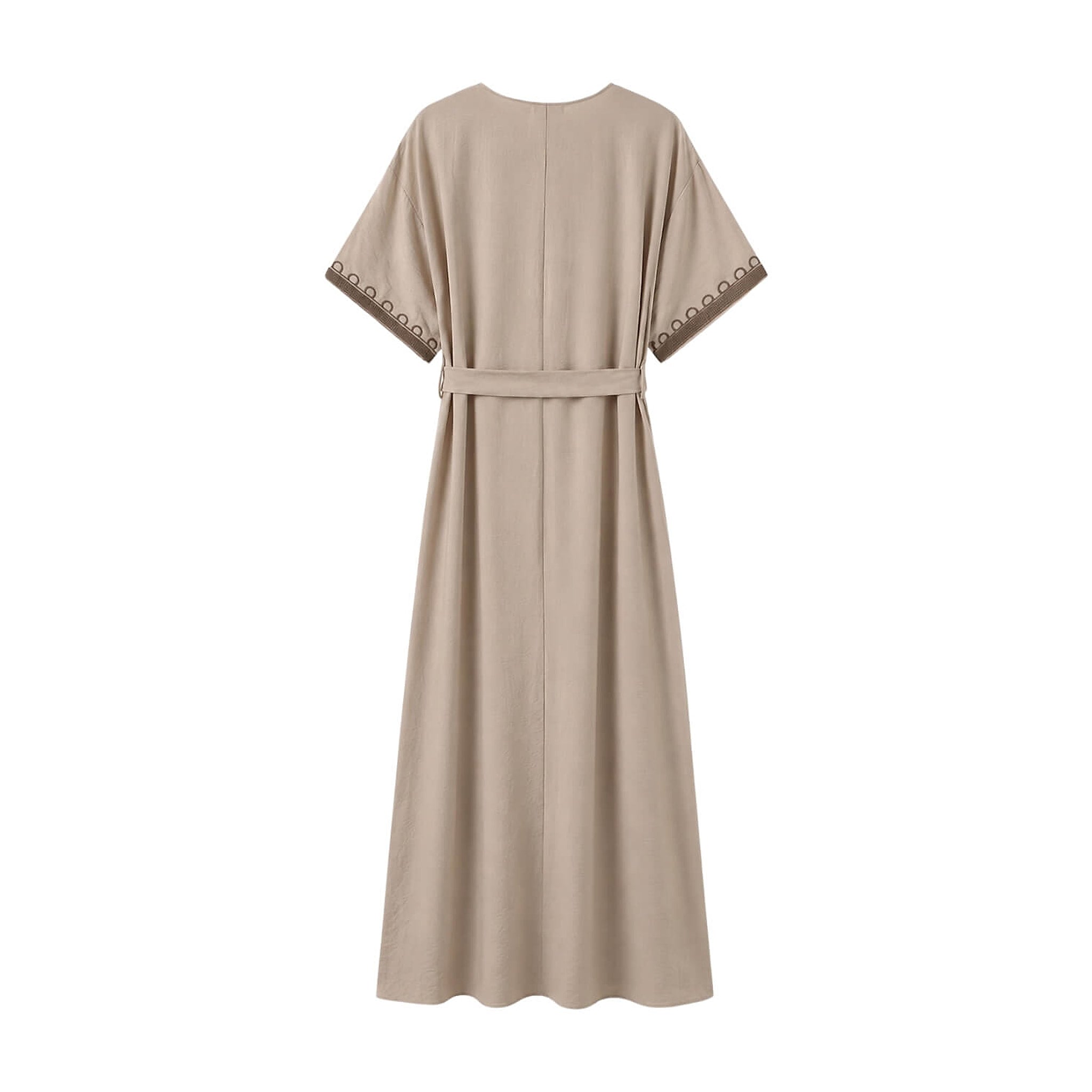 Beige midikjole Vava Dress set bagfra med brune broderier på ærmekanterne og bindebælte i taljen