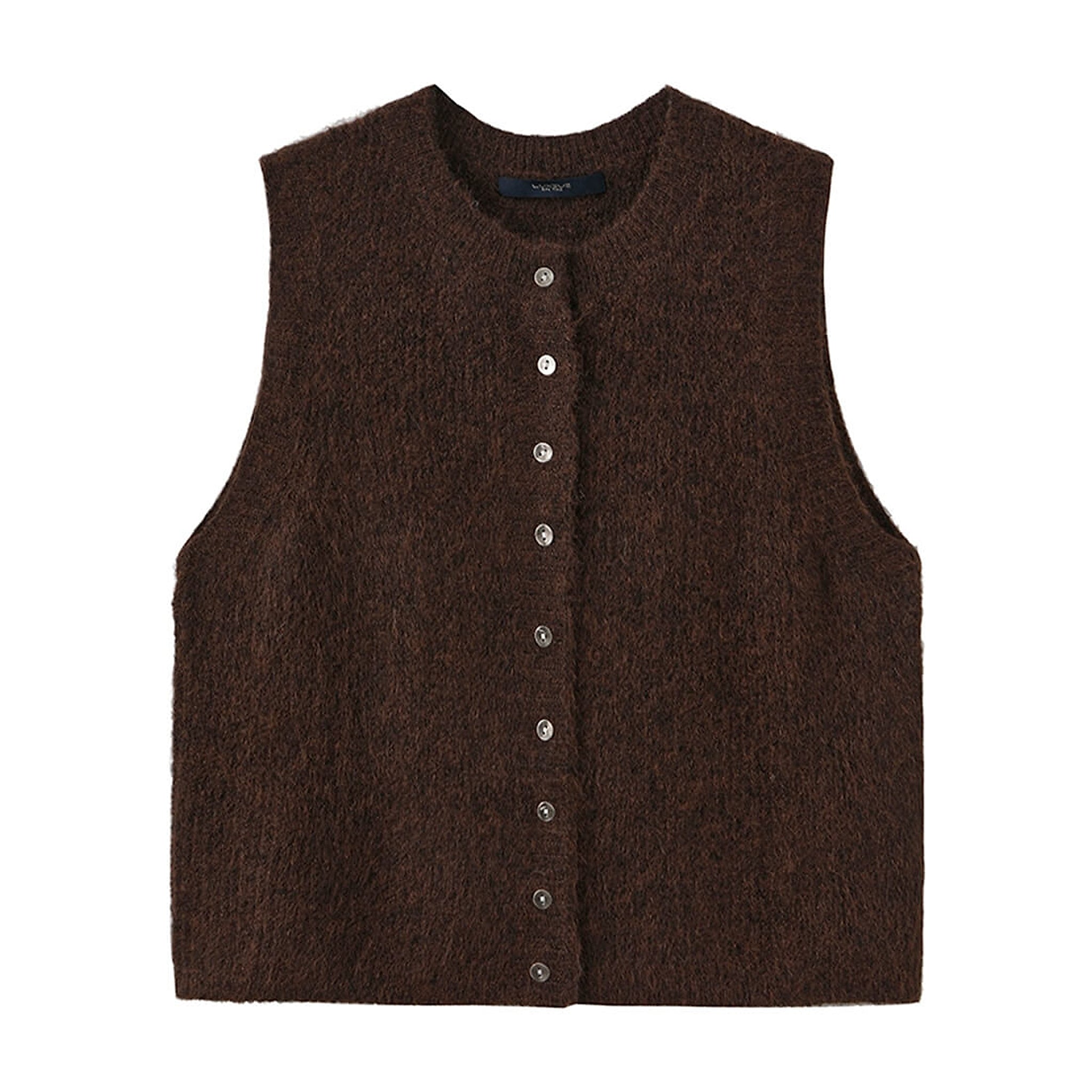 Brun strikket vest Zannap Knit i Choco Lux med rund hals og knapper foran, set forfra