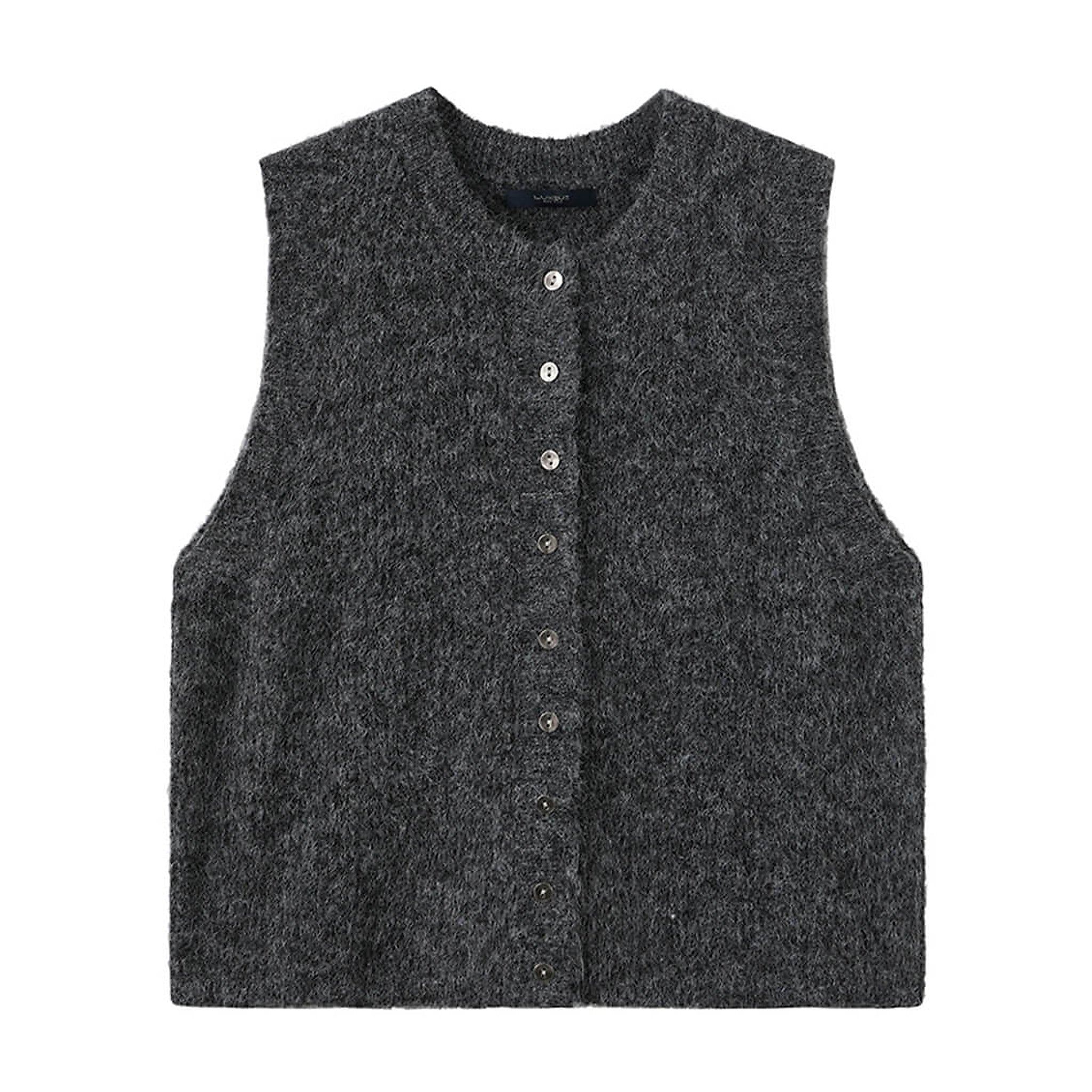 Grå vest i strik med rund hals og knapper foran, set forfra – Zannap Knit i Dark Grey Melange