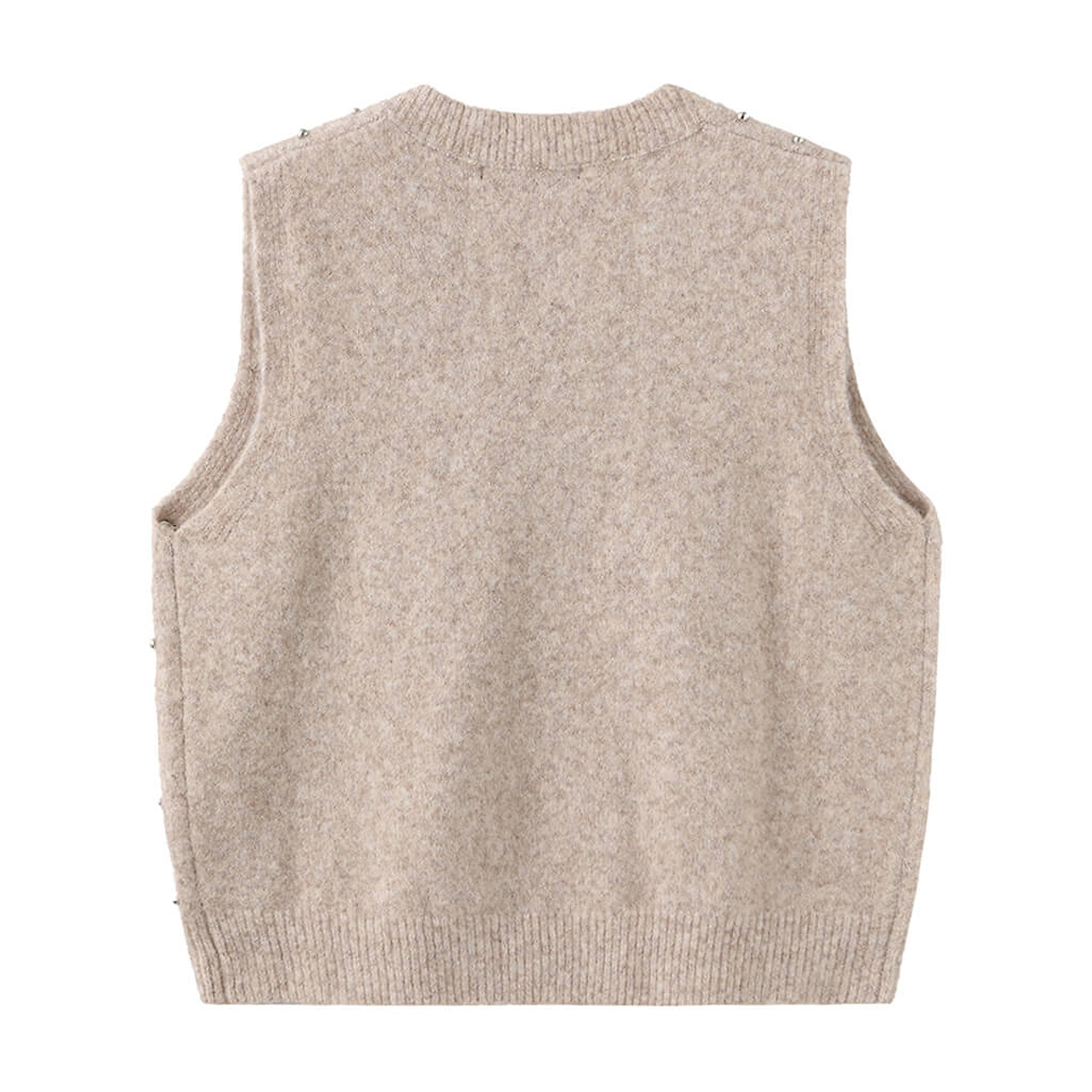 Beige vest i strik set bagfra med glat ryg og ribkant forneden