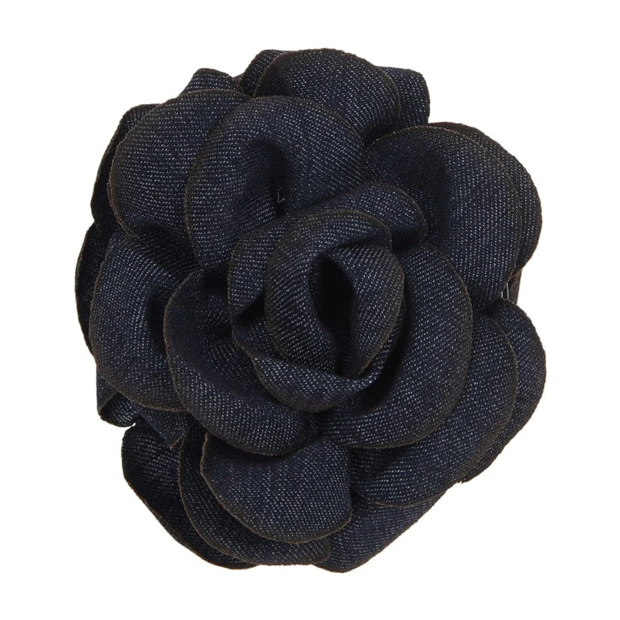 Navy håraccessory fra Pico med stor rose i mørkeblå denim set forfra på hvid baggrund