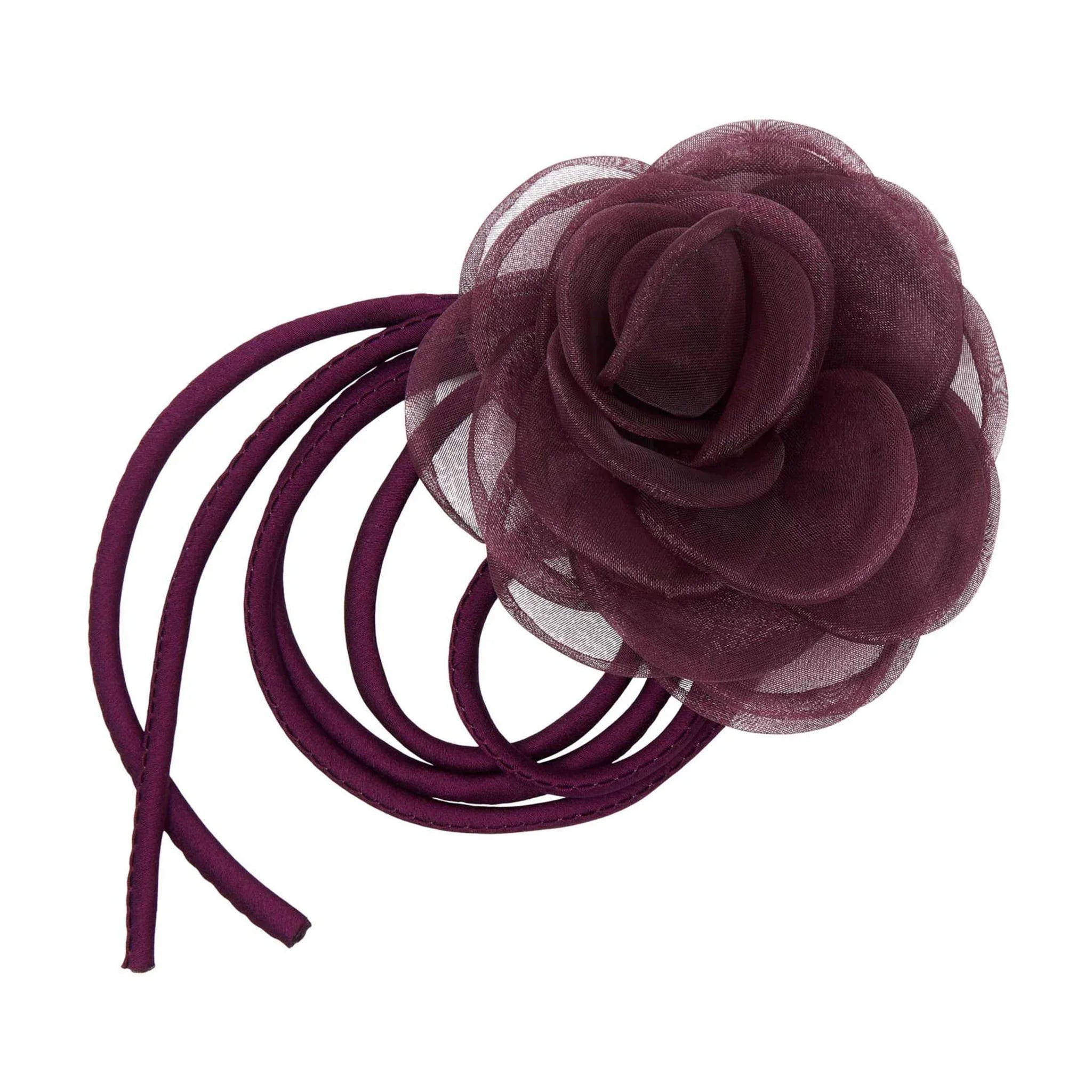 Organza Rose String håraccessories i lilla Dark Plum med lang snor, set forfra