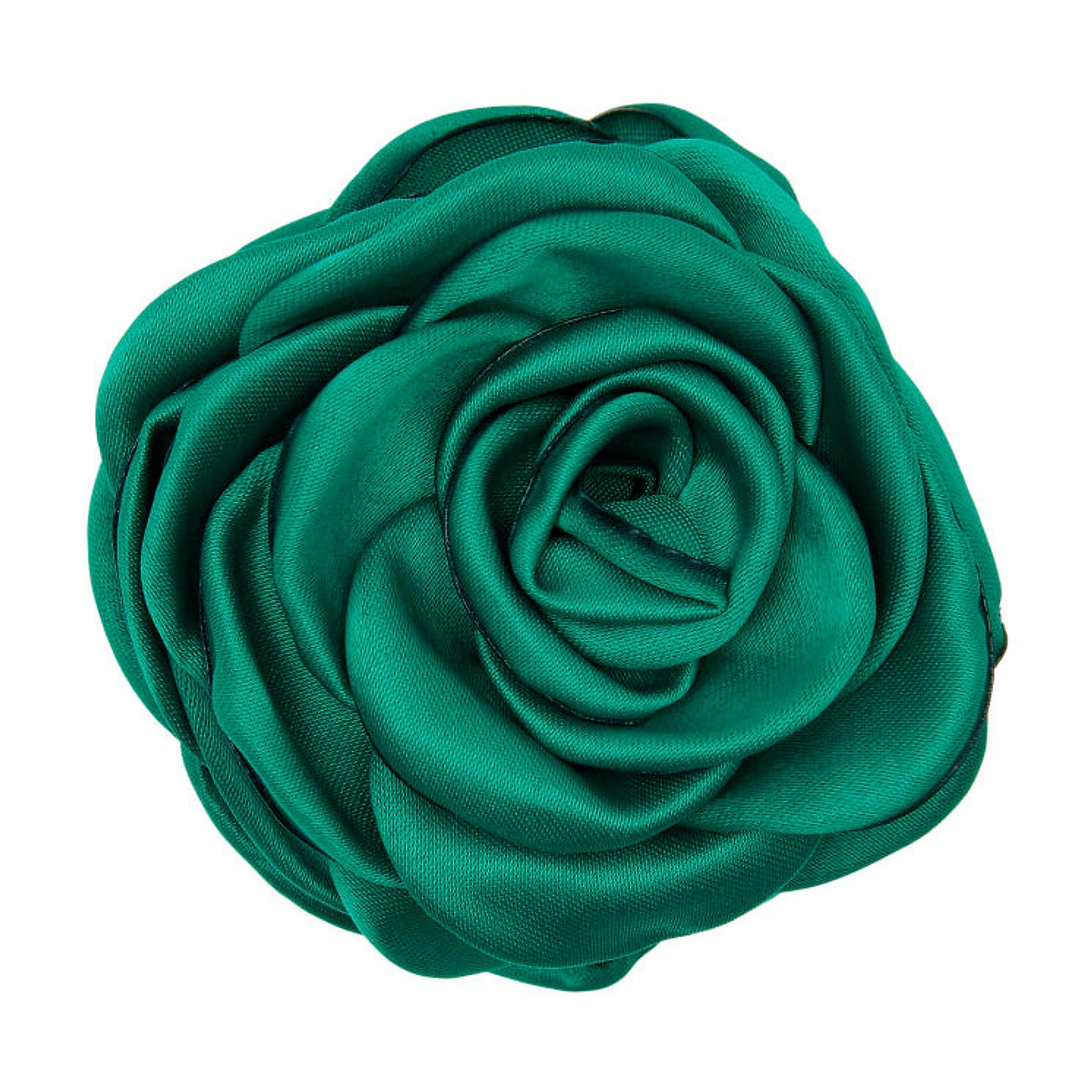 Grøn håraccessories fra Pico: hårklemme med rose i blank satin i farven Emerald, set oppefra