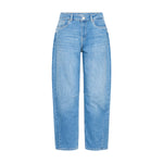 Blå barrel leg jeans fra Pulz i Medium Blue Denim med høj talje, set forfra