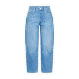 Blå barrel leg jeans fra Pulz i Medium Blue Denim med høj talje, set forfra