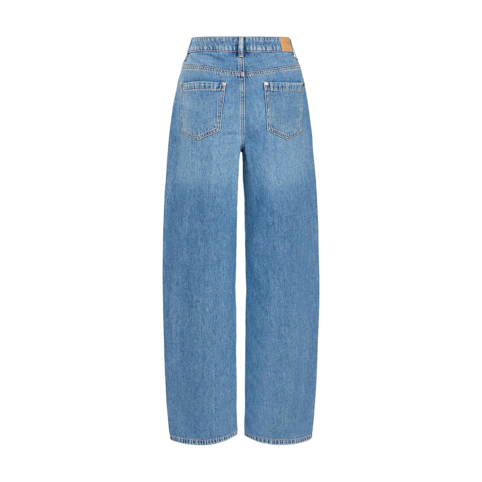 Blå wide leg jeans fra Pulz set bagfra med to baglommer og mærkat ved linningen
