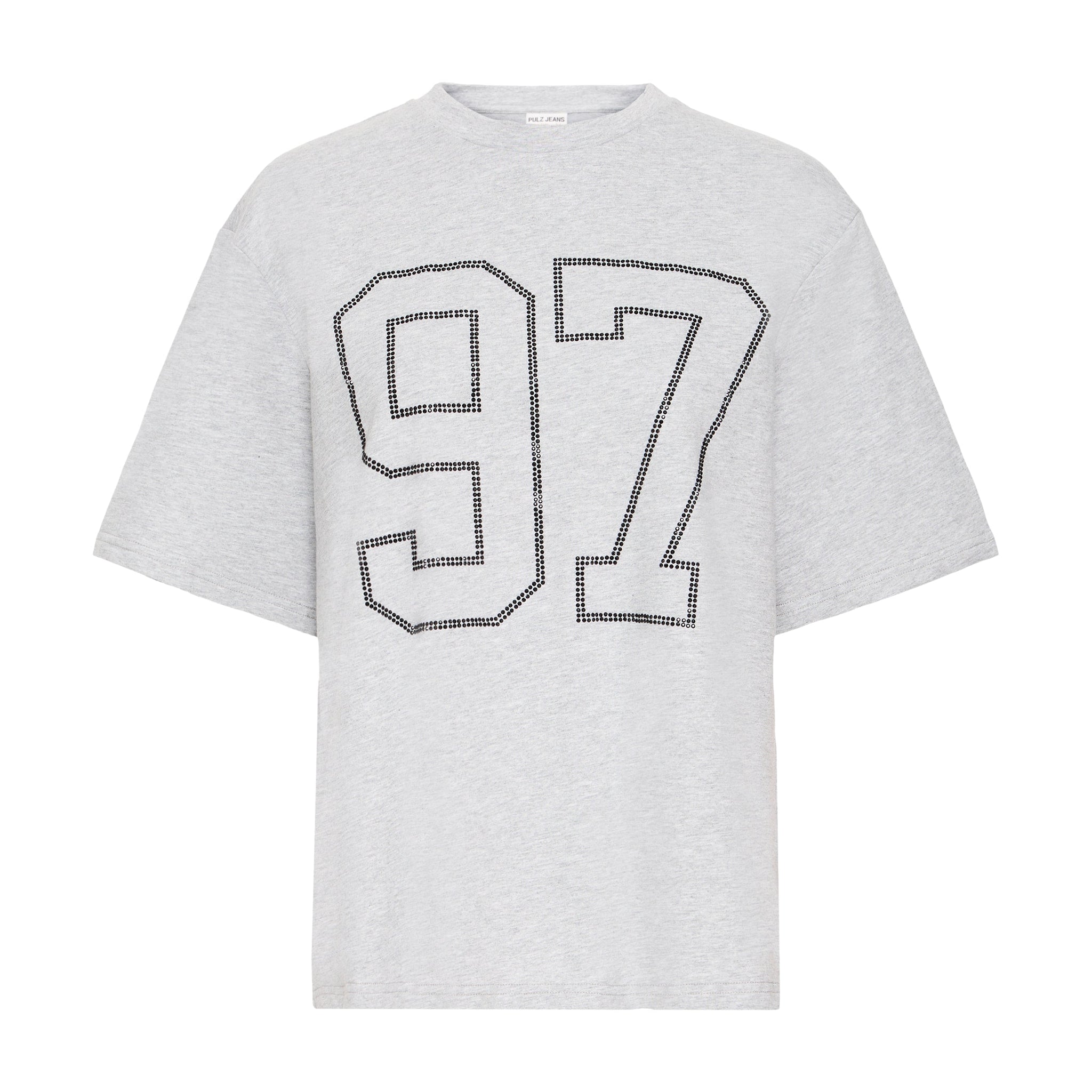 Grå t-shirt fra Pulz med tallet 97 i små sorte sten, set forfra