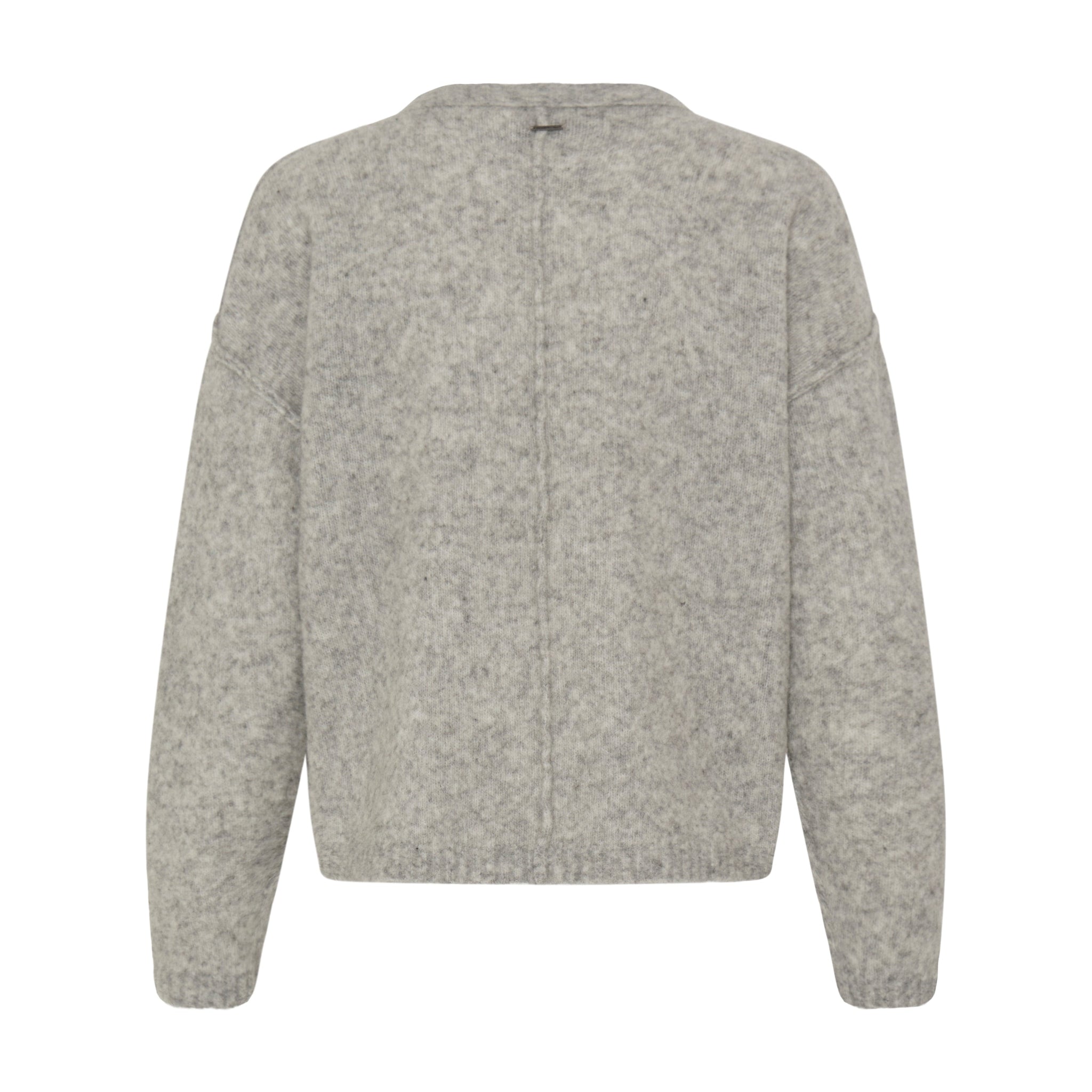 Grå meleret pullover fra Pulz set bagfra med søm midt ned ad ryggen
