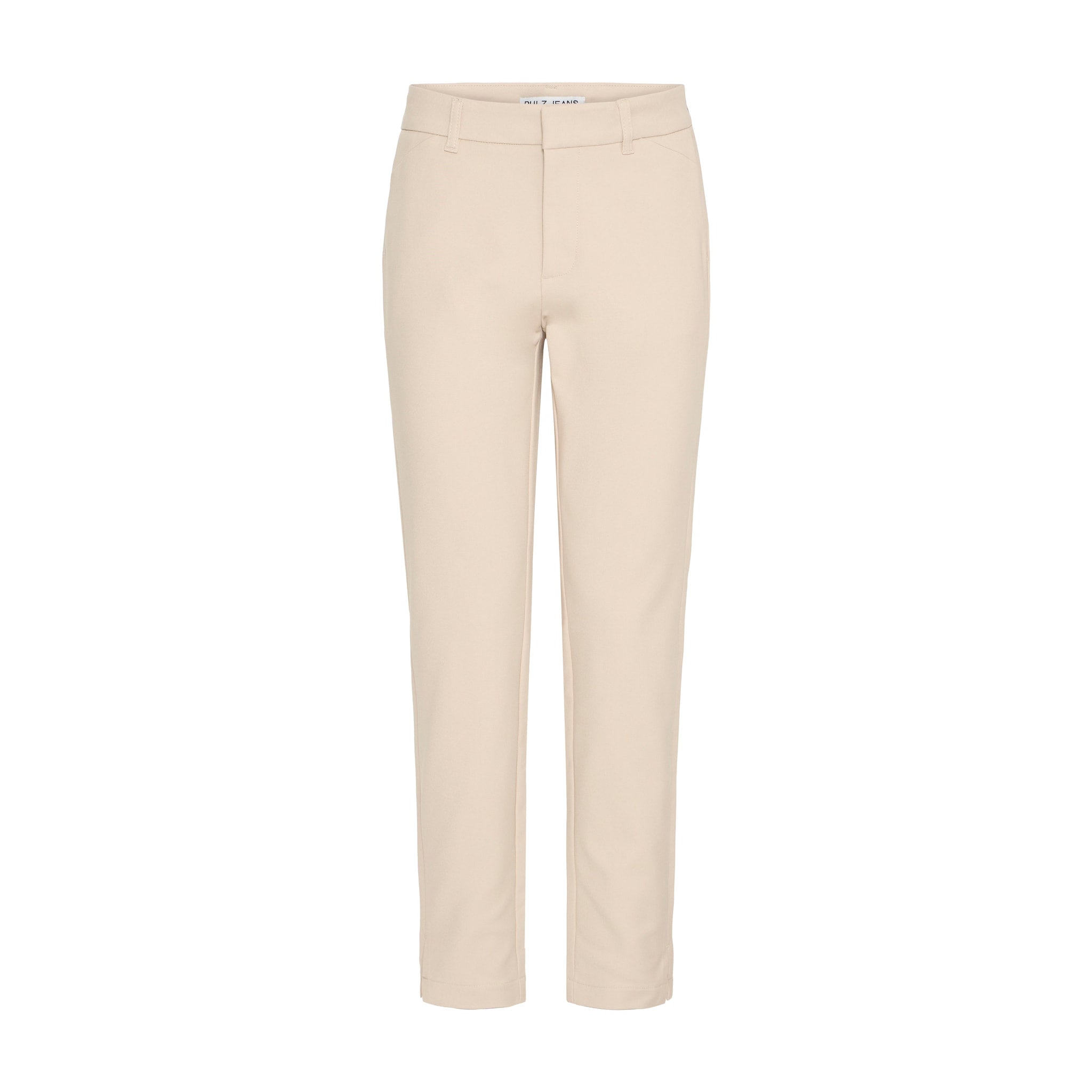 Beige Bindy bukser fra Pulz med høj talje og skinny ben i ankellængde, set forfra