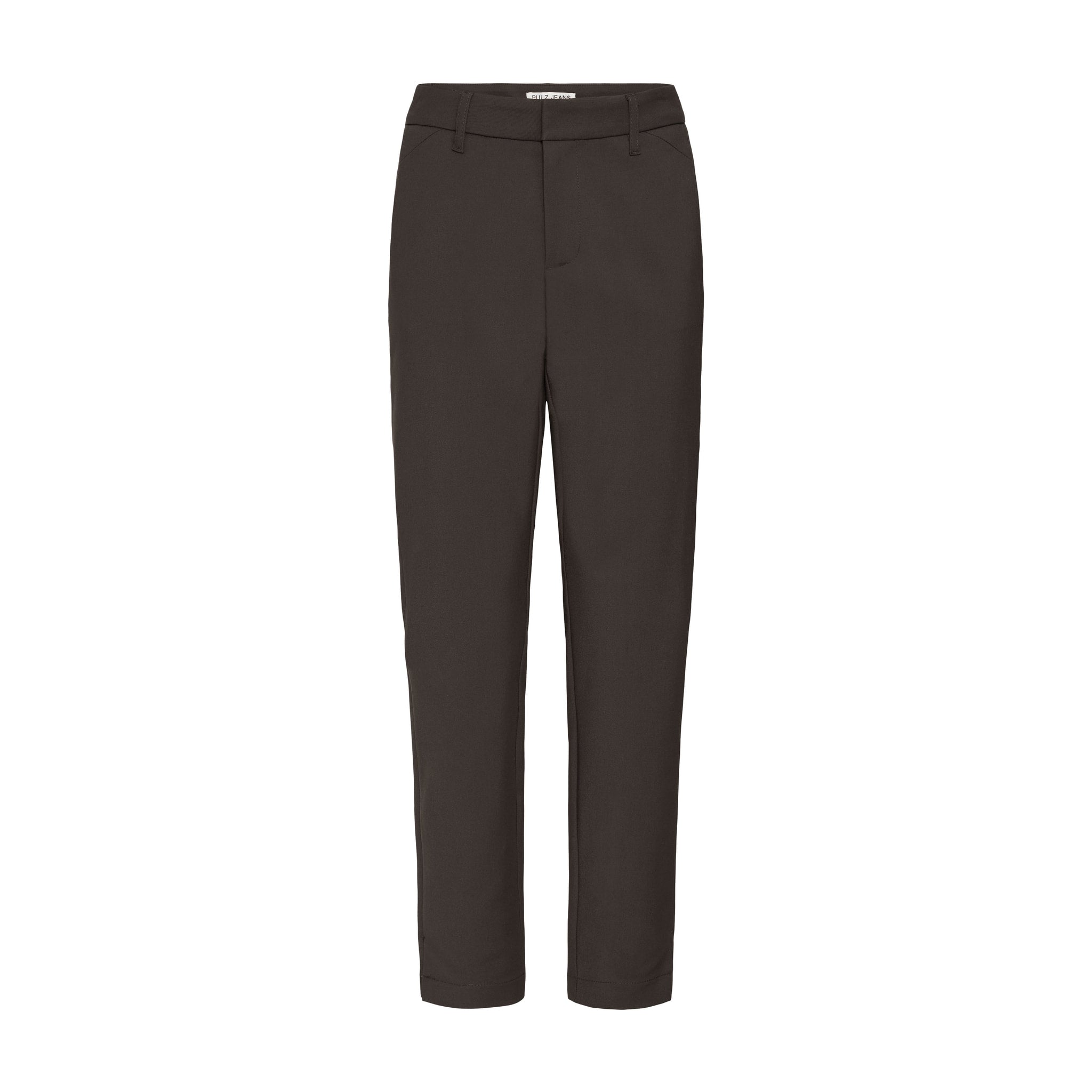 Brune Bindy bukser fra Pulz i farven Espresso med høj talje og skinny leg, set forfra