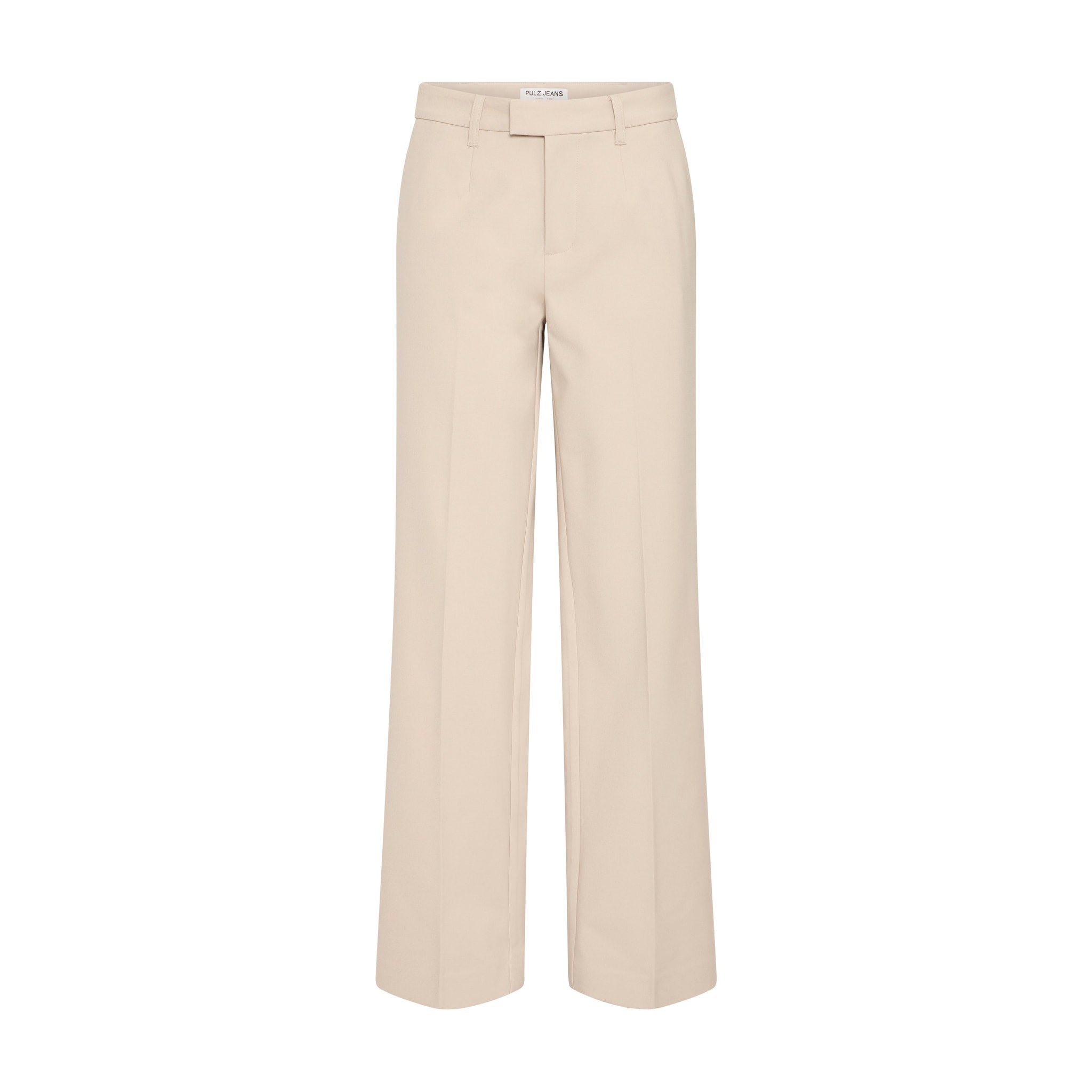 Beige wide leg bukser fra Pulz med høj talje, bæltestropper og pressefolder set forfra