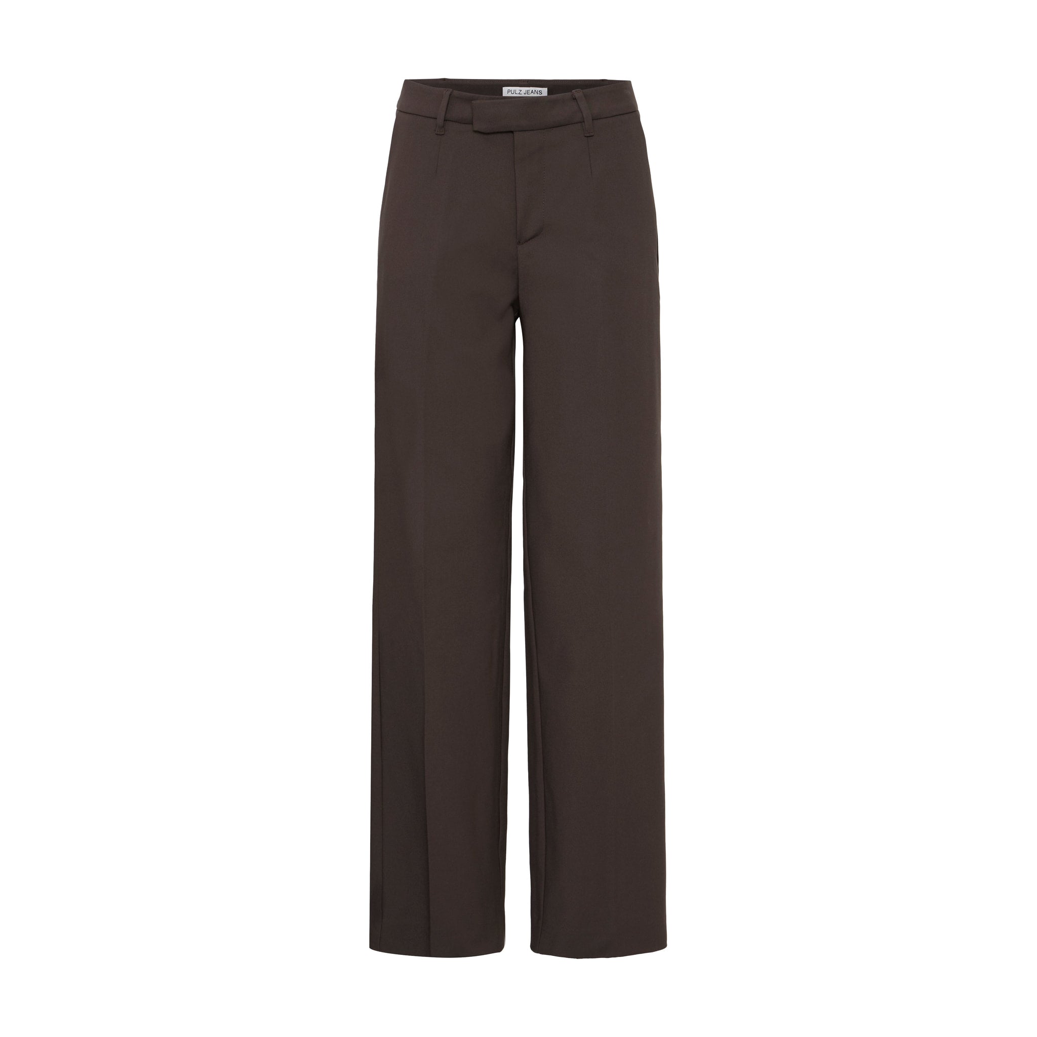 Brune wide leg bukser fra Pulz i Espresso set forfra med høj talje, lynlås og pressefolder