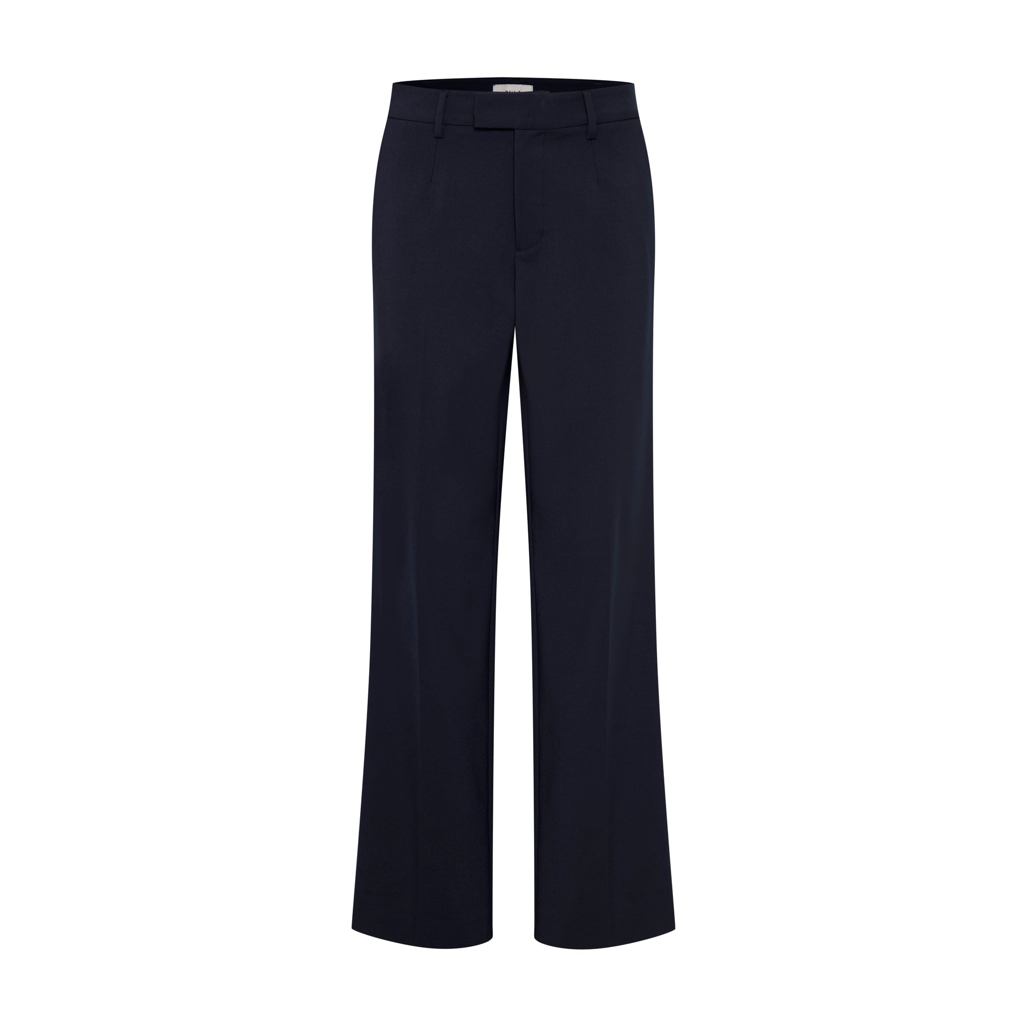 Navy wide leg bukser fra Pulz med høj talje, læg og pressefolder set forfra